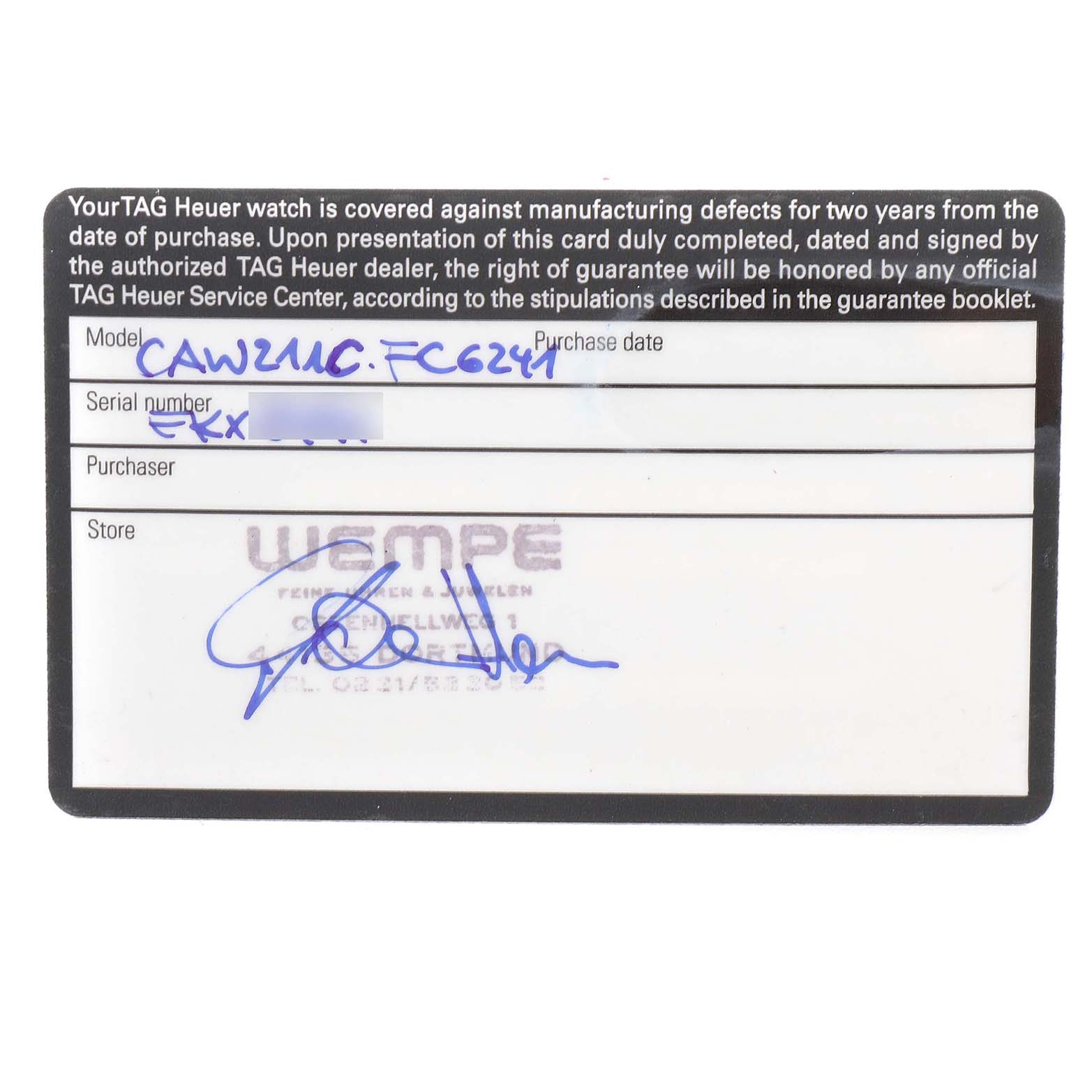 This image shows the warranty card for a Tag Heuer Limited Edition CAW211C.FC6241 Men
s Stainless Steel Silver Dial CAW211C.FC6241 Men
s Stainless Steel Silver Dial model CAW211C.FC6241.