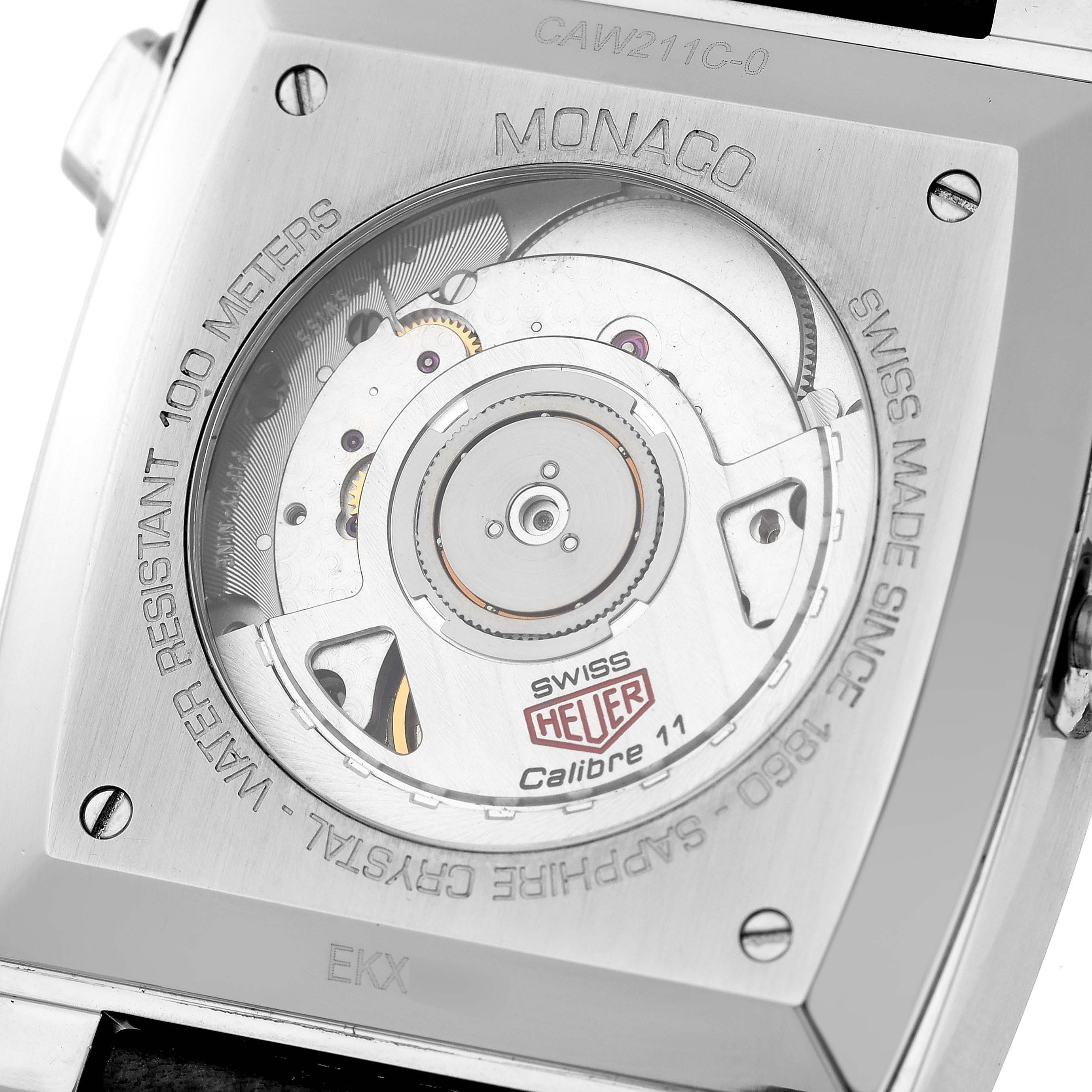 This image shows the back of the Tag Heuer Monaco Limited Edition watch, highlighting its movement and inscriptions.