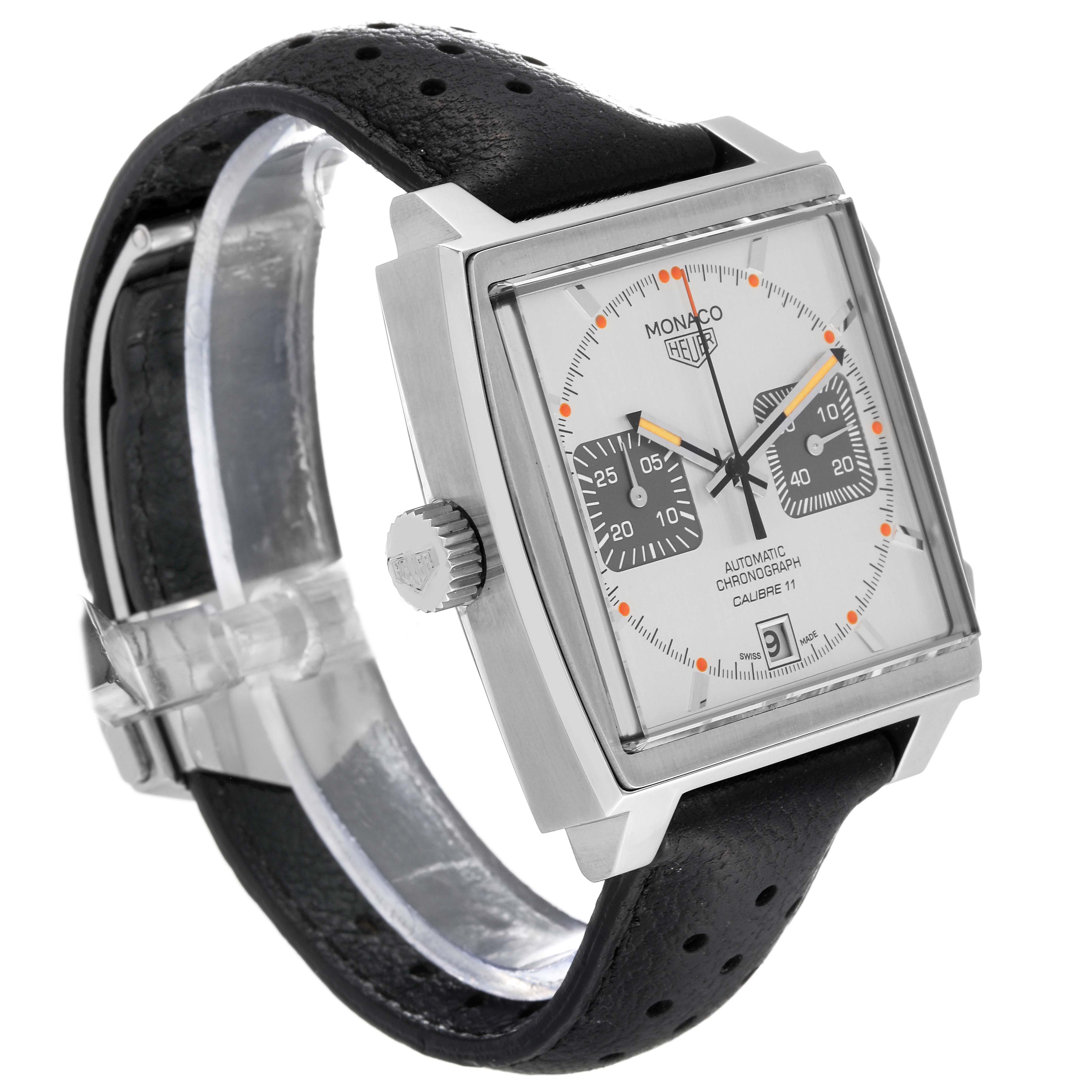 The image shows a side angle of the Tag Heuer Monaco Limited Edition watch, highlighting the face, bezel, crown, and strap.