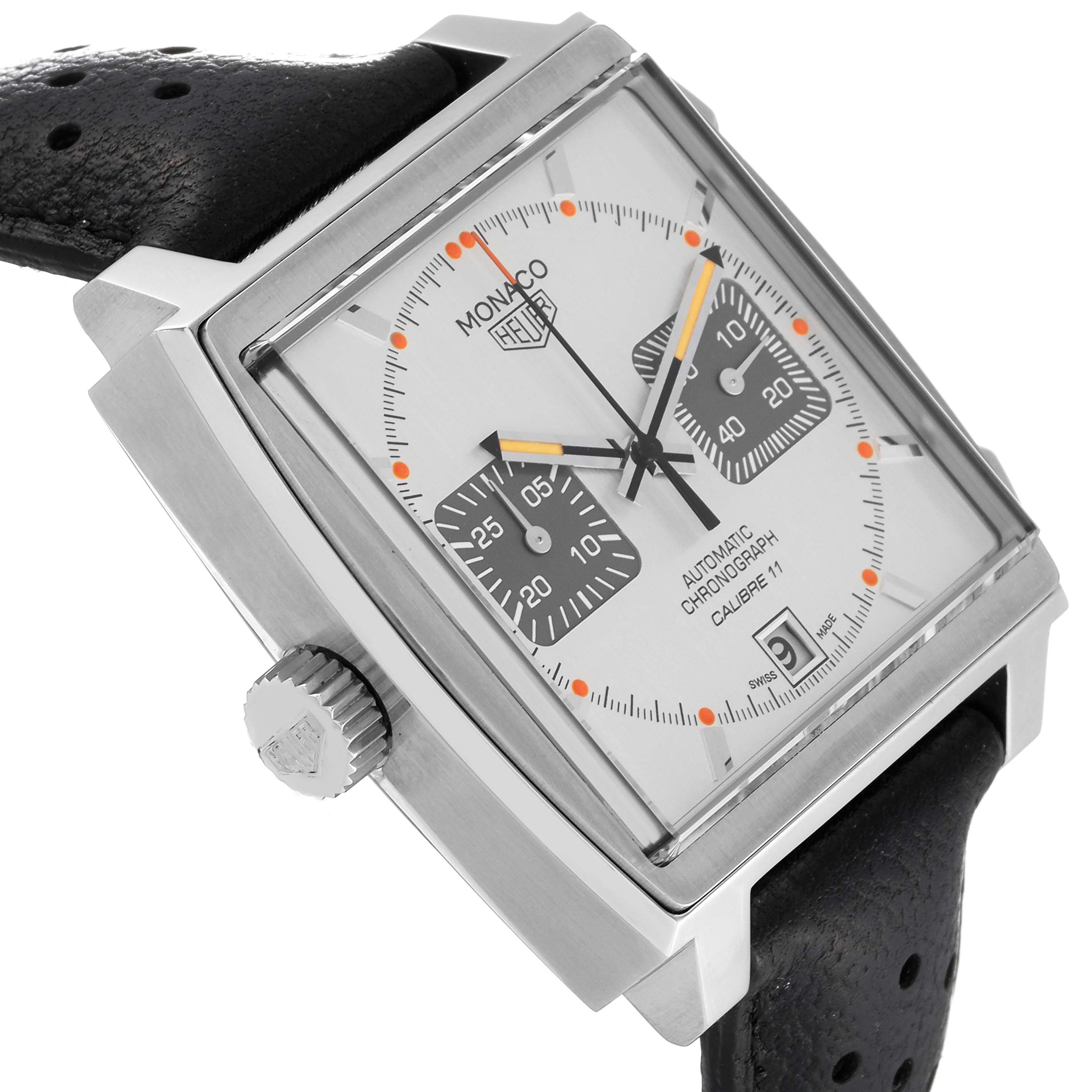 The image shows a side angle of the Tag Heuer Monaco Limited Edition watch, highlighting its rectangular face, crown, and leather strap.