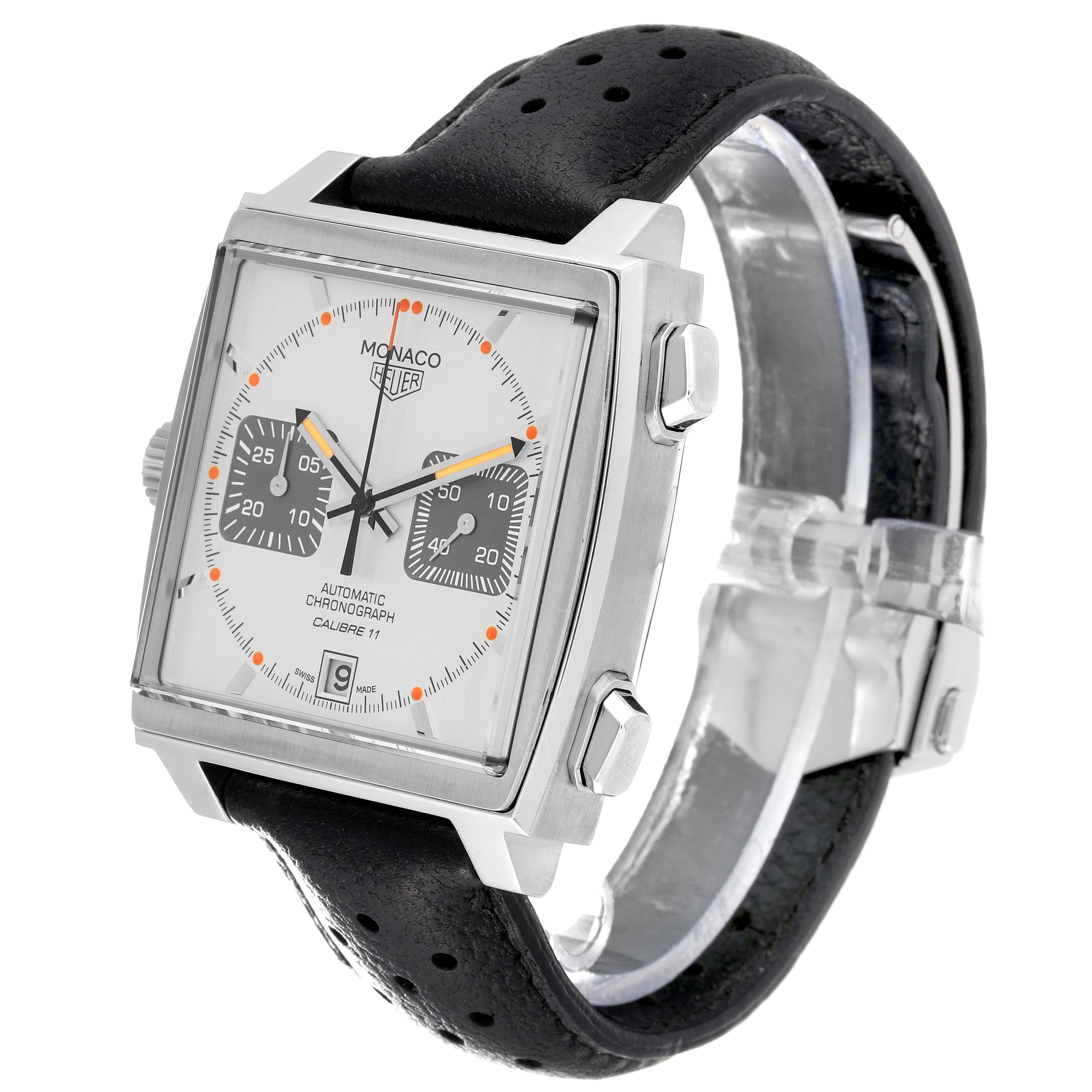The image shows a Tag Heuer Monaco Limited Edition watch at a slight side angle, highlighting the square face and black leather strap.