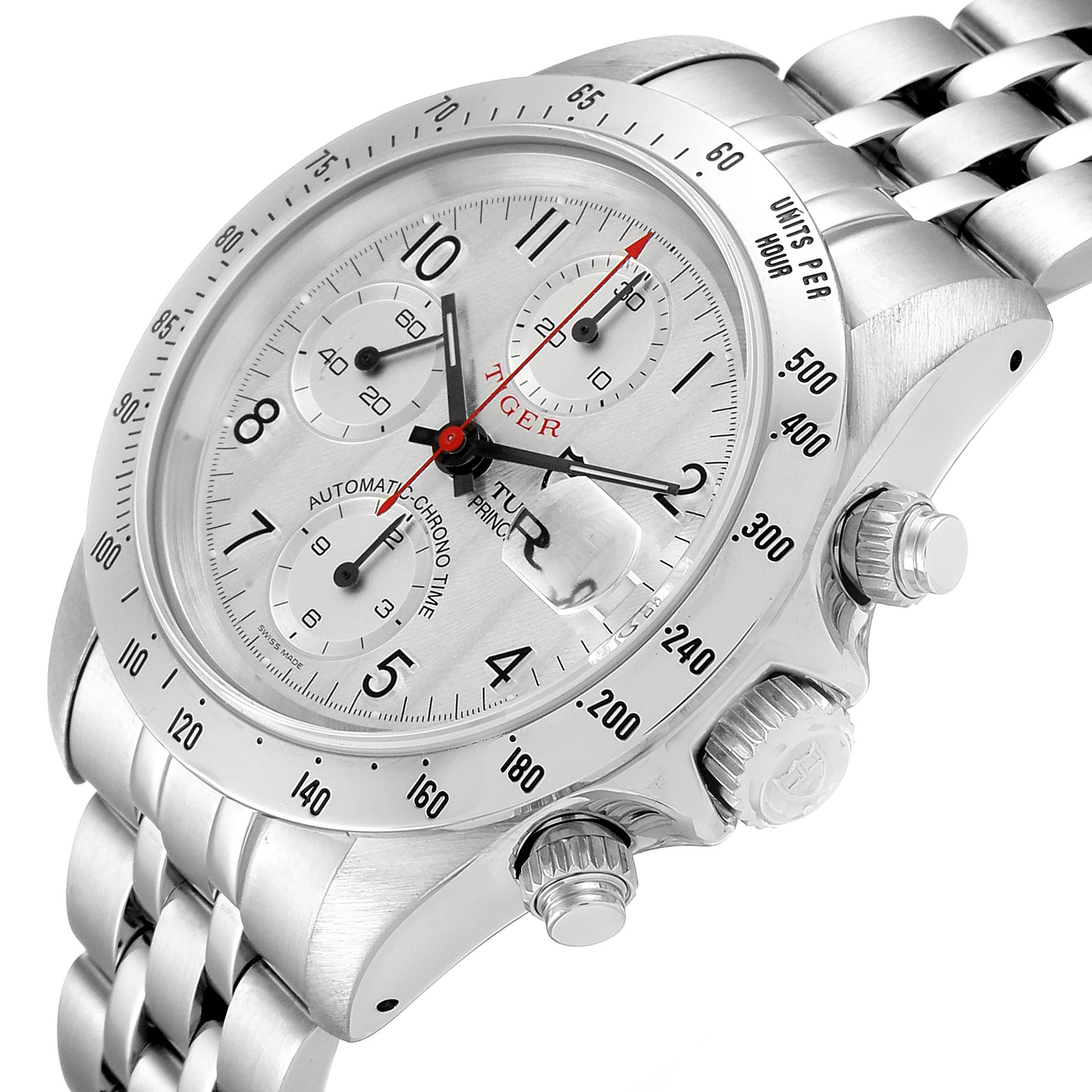 The Tudor Tiger 79280 Men's Stainless Steel Silver Dial 79280 Men's Stainless Steel Silver Dial watch is shown at an oblique angle, highlighting its chronograph, crown, and stainless steel bracelet.