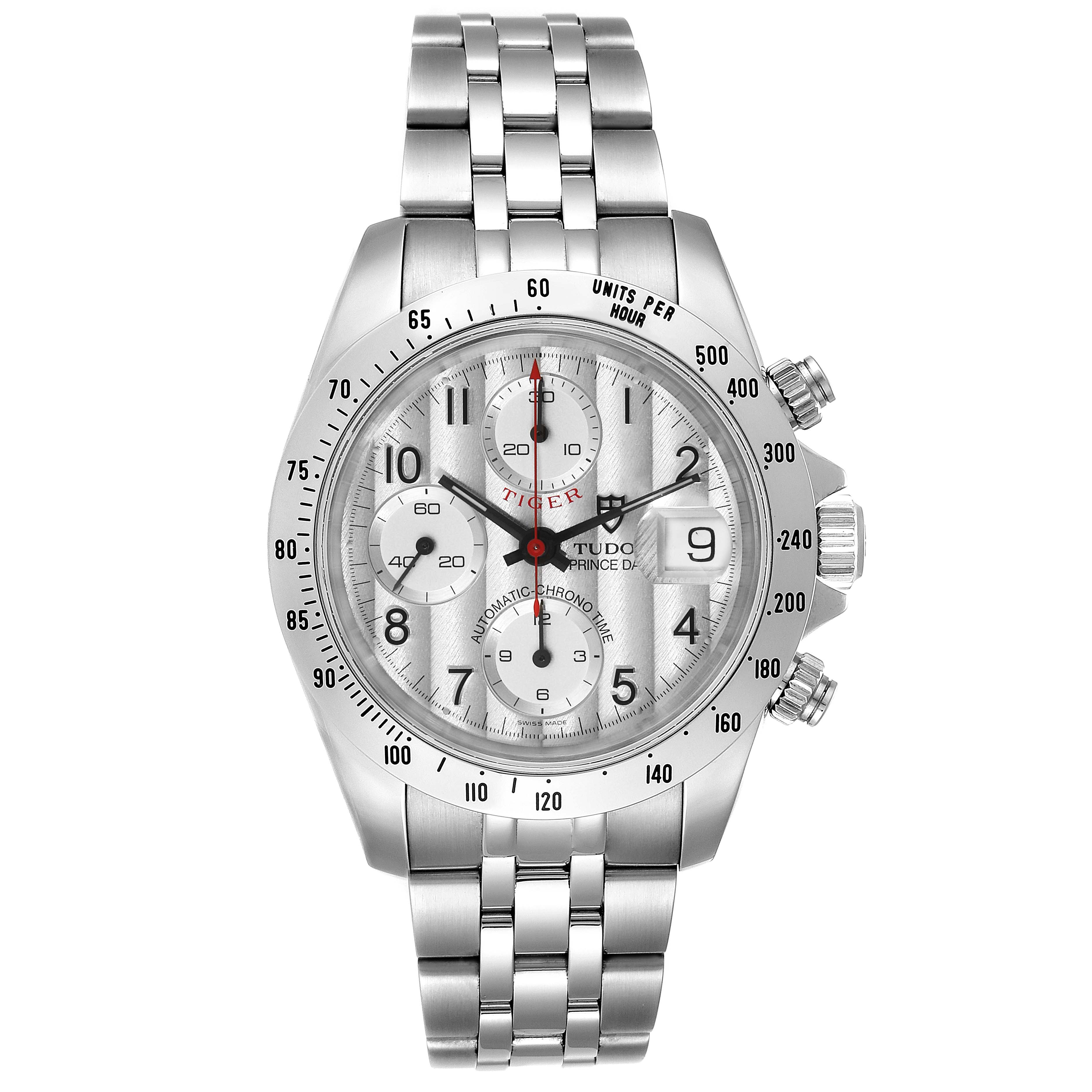 The Tudor Tiger 79280 Men's Stainless Steel Silver Dial 79280 Men's Stainless Steel Silver Dial model watch is shown from a front angle, displaying its silver dial, chronograph subdials, and stainless steel bracelet.