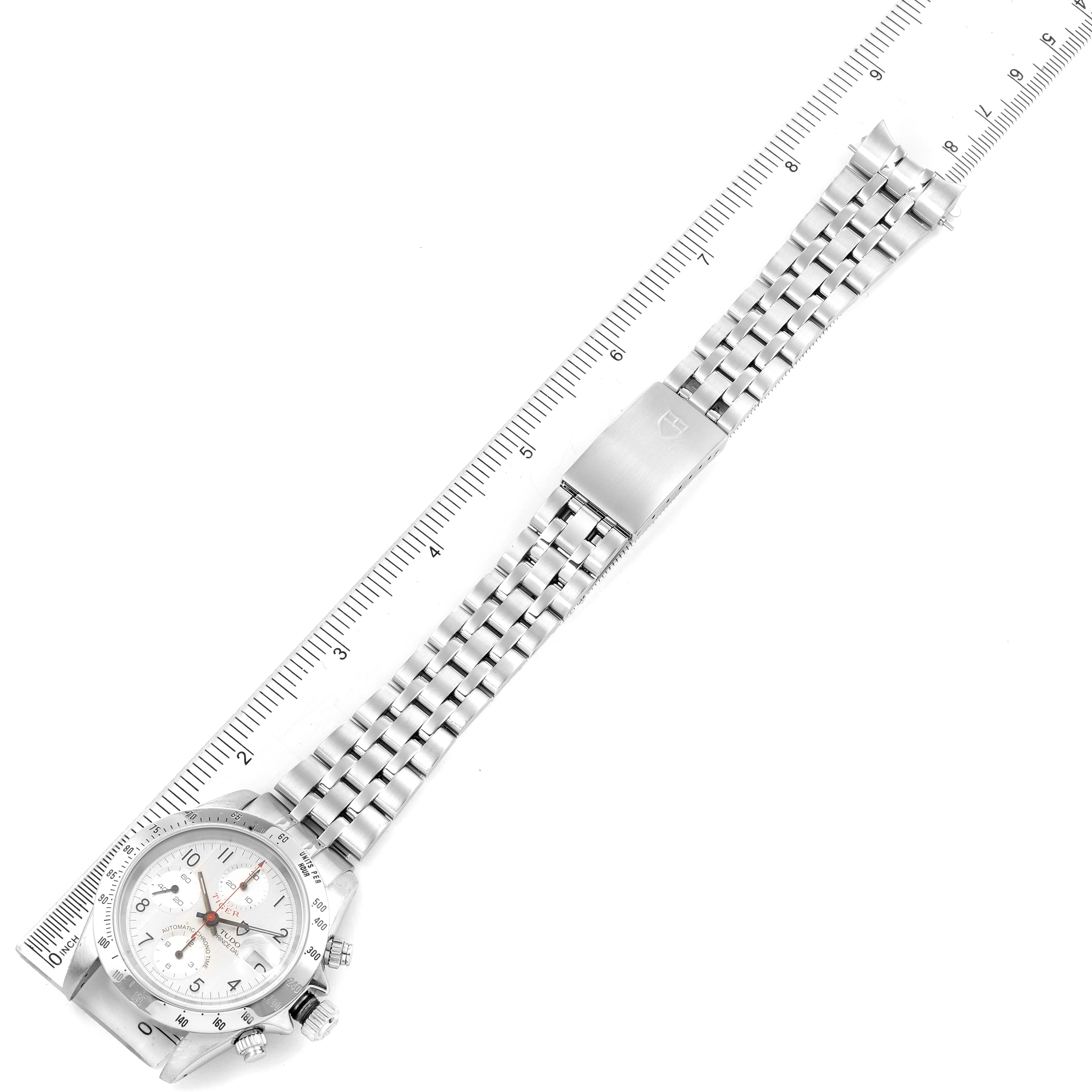 The image shows a Tudor Tiger 79280 Men's Stainless Steel Silver Dial 79280 Men's Stainless Steel Silver Dial model watch, fully extended, with its face, bezel, bracelet, and clasp visible.