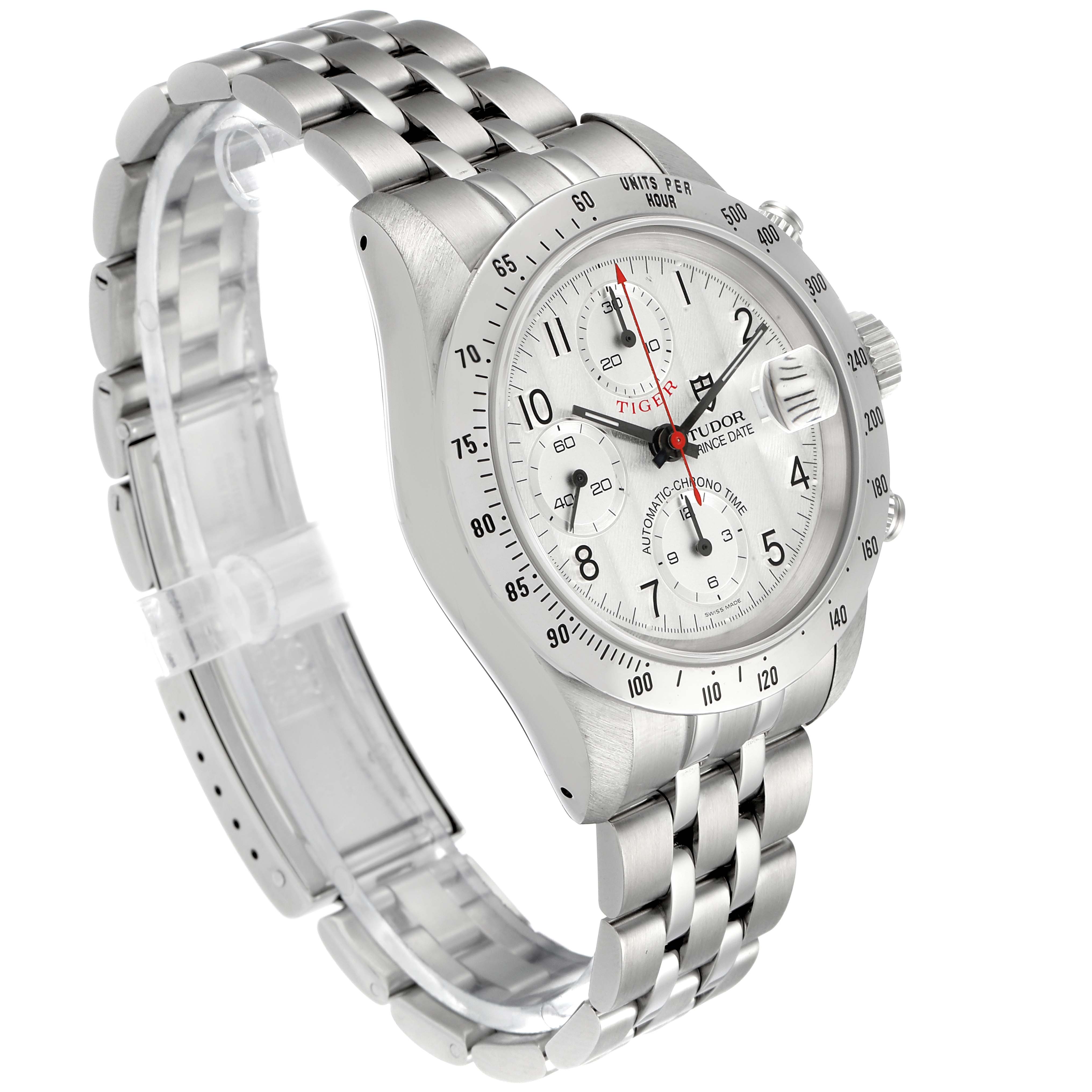 The image shows a side-angle view of the Tudor Tiger 79280 Men's Stainless Steel Silver Dial 79280 Men's Stainless Steel Silver Dial model watch, highlighting its face, bezel, and metal bracelet.