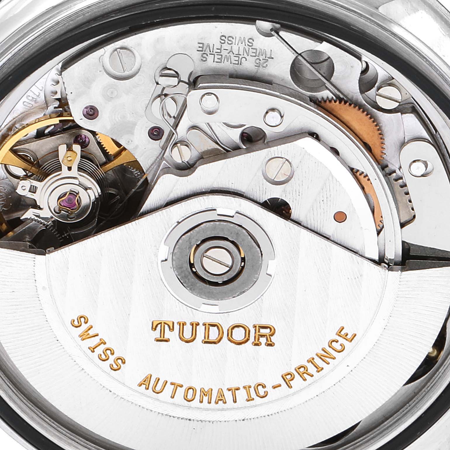 The image shows a close-up of the movement and rotor of the Tiger model by Tudor.