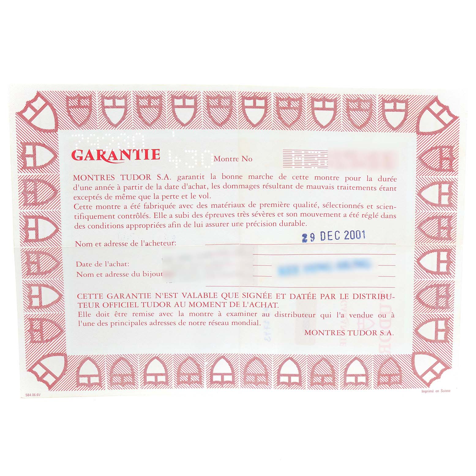 The image shows a warranty document for the Tiger model by Tudor, detailing purchase and warranty information.