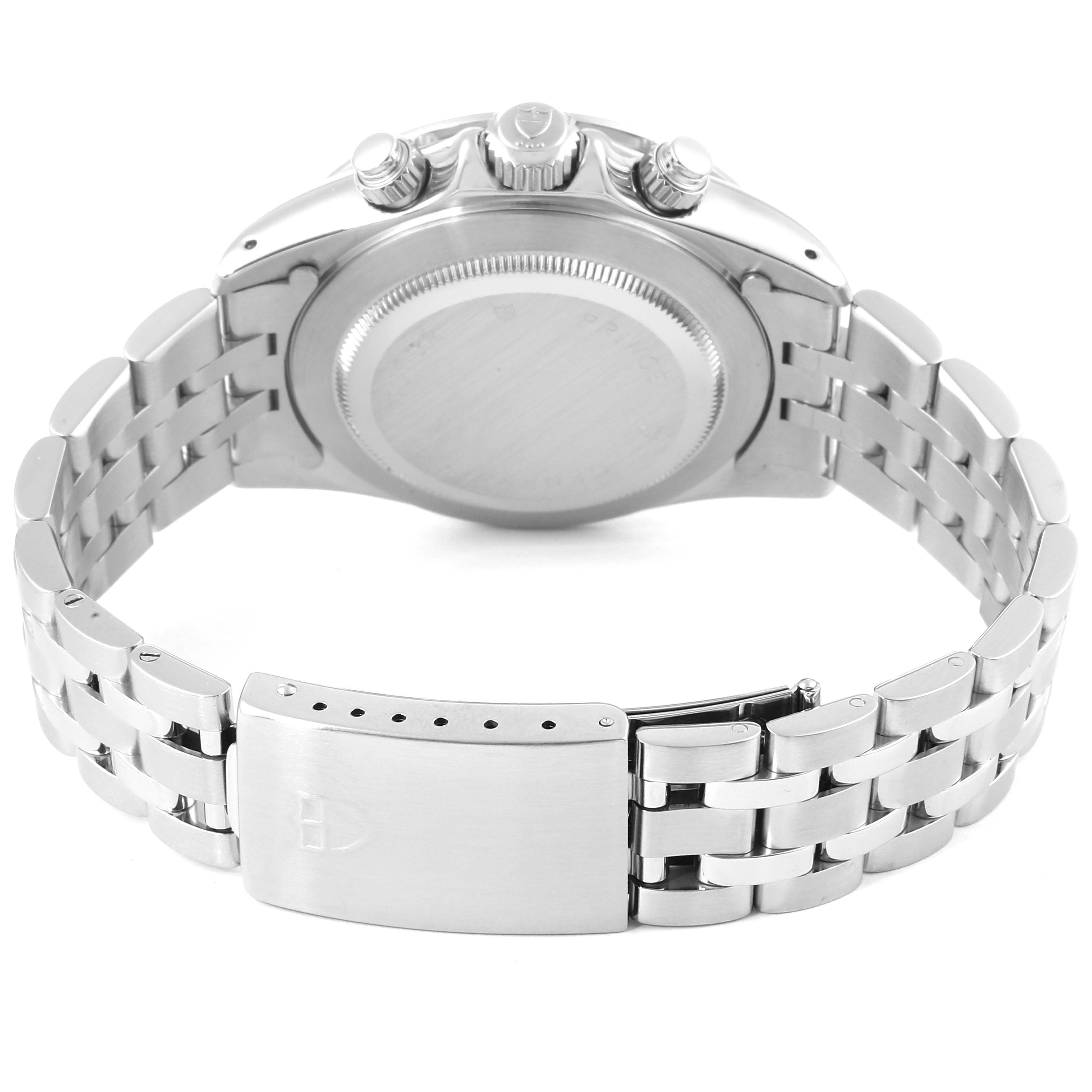 This image shows the back view of the Tudor Tiger 79280 Men's Stainless Steel Silver Dial 79280 Men's Stainless Steel Silver Dial watch, highlighting the closed stainless steel bracelet and case back.