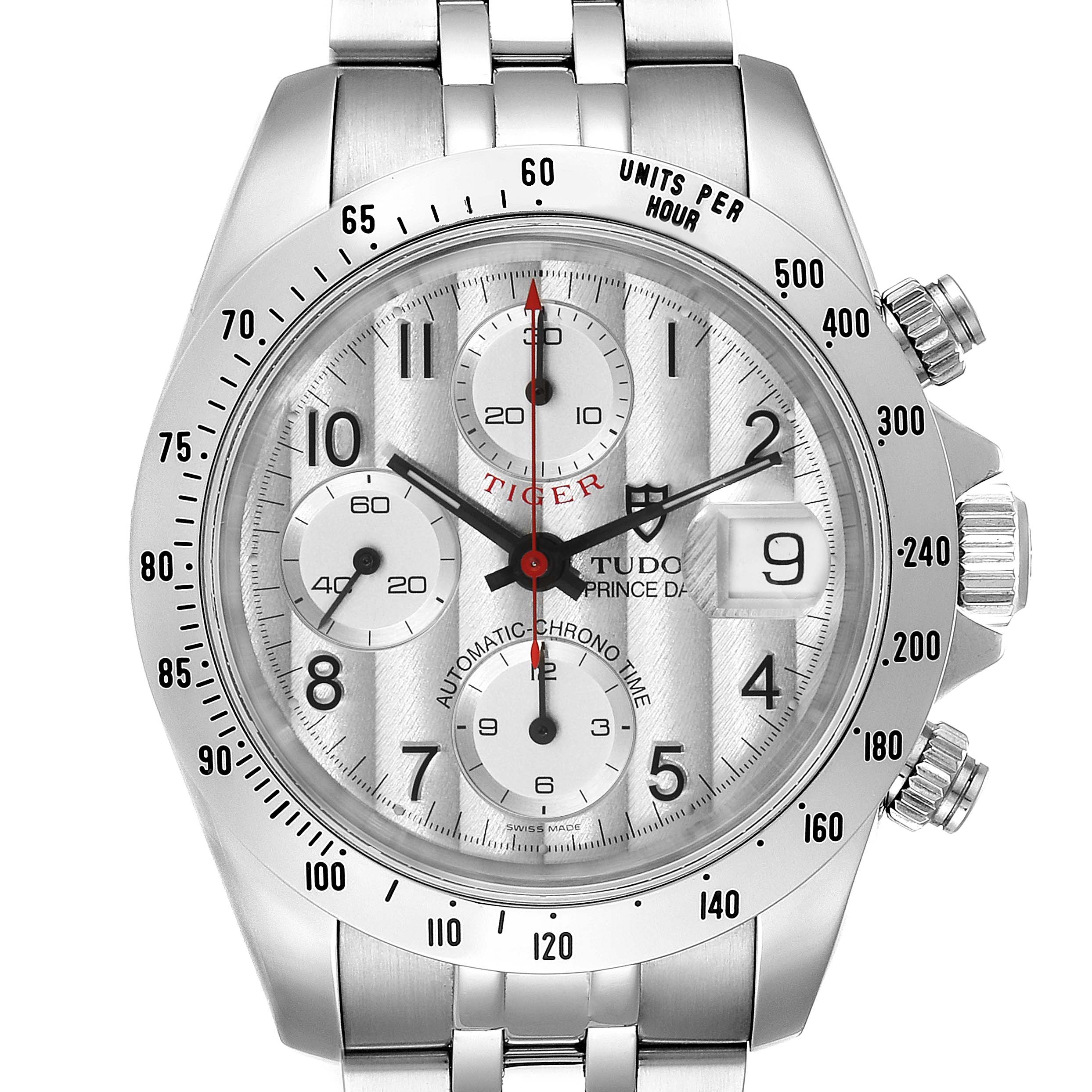 The image shows a frontal view of the Tudor Tiger 79280 Men's Stainless Steel Silver Dial 79280 Men's Stainless Steel Silver Dial model watch, highlighting its dial, chronograph sub-dials, and bracelet.