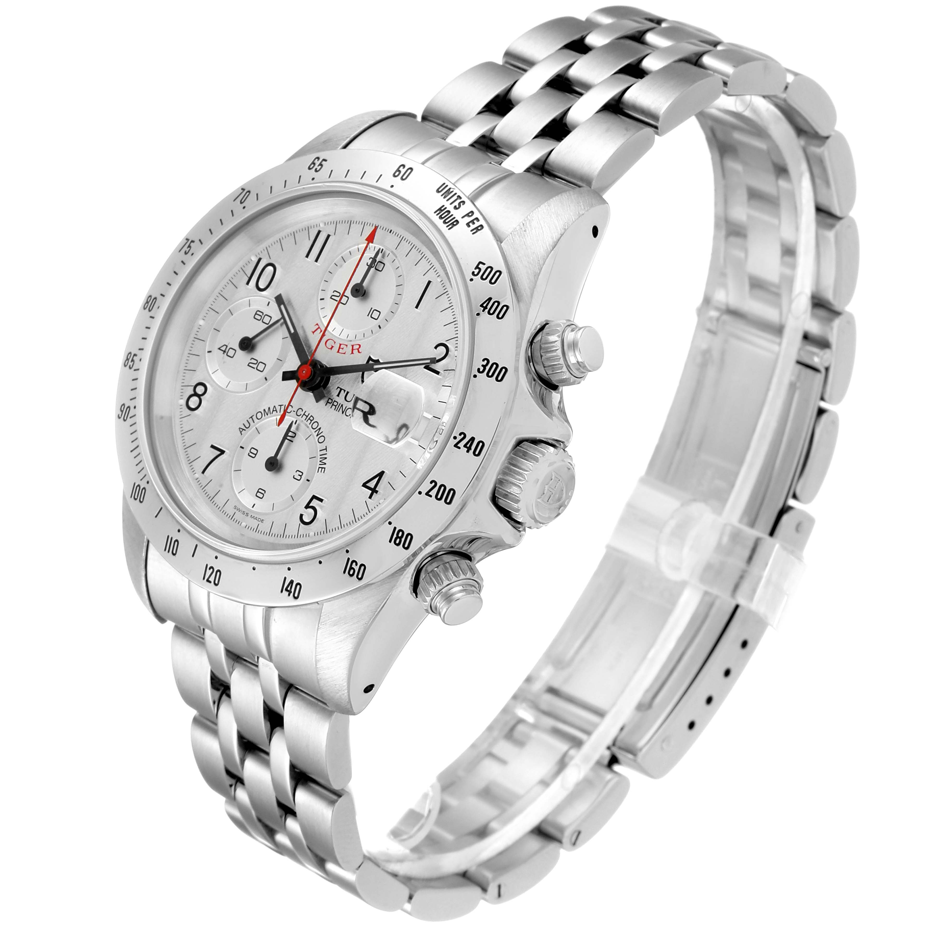 This image shows a side angle view of a Tudor Tiger 79280 Men's Stainless Steel Silver Dial 79280 Men's Stainless Steel Silver Dial model watch, highlighting its dial, bezel, chronograph buttons, and bracelet.