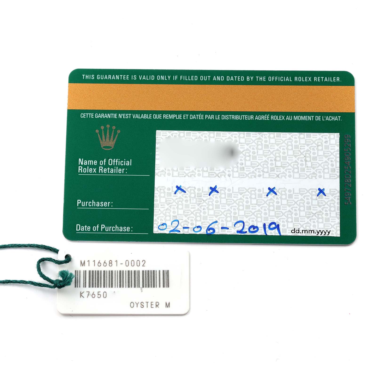 The image shows the guarantee card and the tag for a Rolex Yacht-Master 116681 Men
s Steel and Gold (two tone) White Dial 116681 Men
s Steel and Gold (two tone) White Dial watch model.