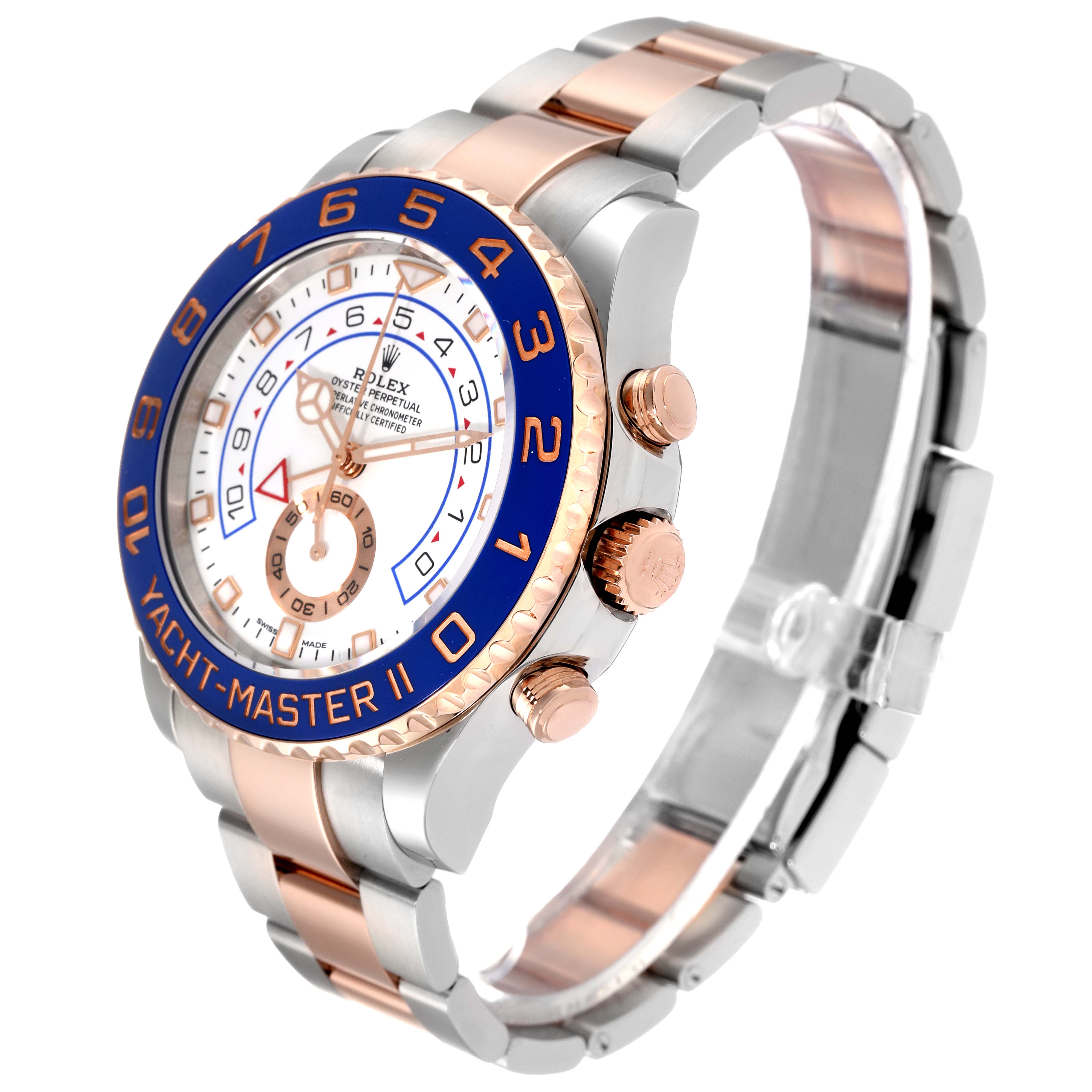 This image shows a Rolex Yacht-Master 116681 Men
s Steel and Gold (two tone) White Dial 116681 Men
s Steel and Gold (two tone) White Dial II watch at an angle displaying its face, crown, and two-tone metal bracelet.