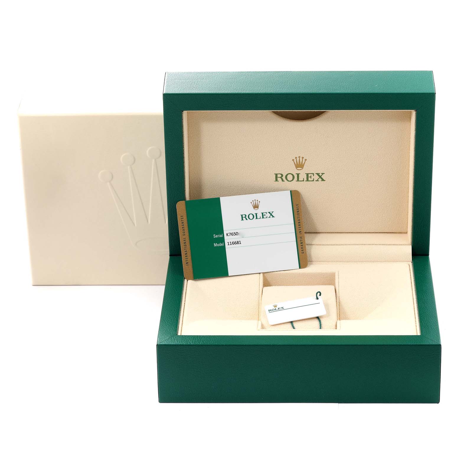 The image shows the open packaging box and accessories for the Rolex Yacht-Master 116681 Men
s Steel and Gold (two tone) White Dial 116681 Men
s Steel and Gold (two tone) White Dial watch, with warranty card and tags visible.