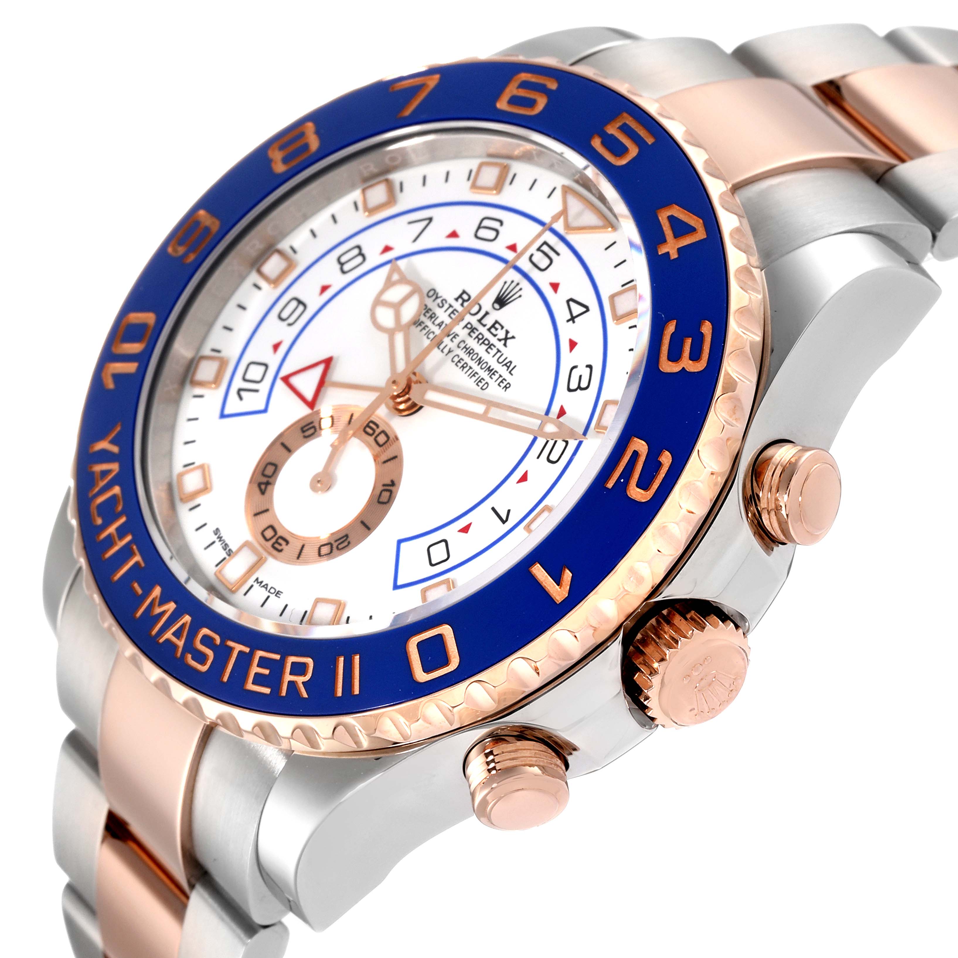 This image shows a Rolex Yacht-Master 116681 Men
s Steel and Gold (two tone) White Dial 116681 Men
s Steel and Gold (two tone) White Dial watch at an angled close-up, highlighting its dial, bezel, crown, and portion of the bracelet.
