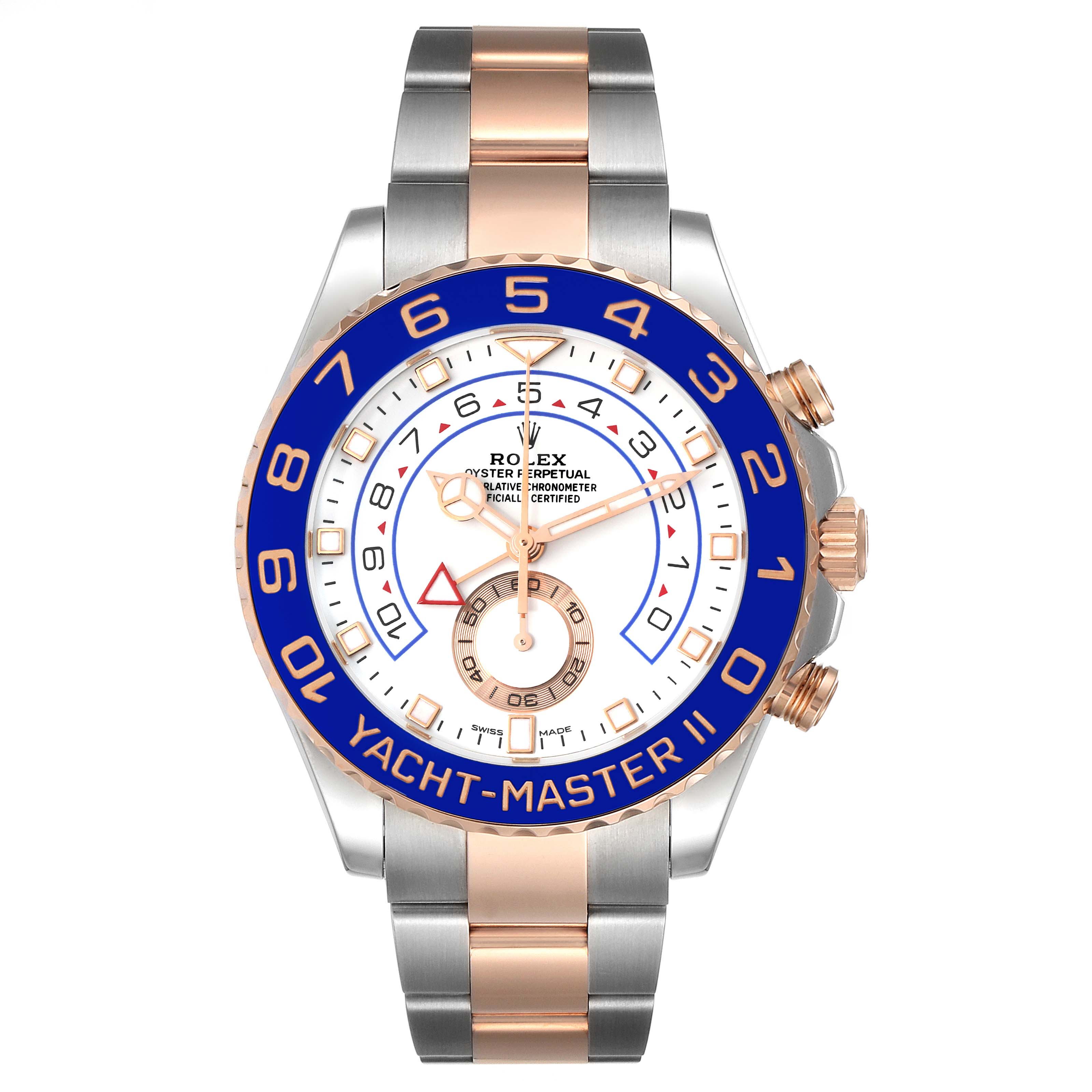 The image shows a front view of a Rolex Yacht-Master 116681 Men
s Steel and Gold (two tone) White Dial 116681 Men
s Steel and Gold (two tone) White Dial II watch featuring a blue bezel and a two-tone metal bracelet.