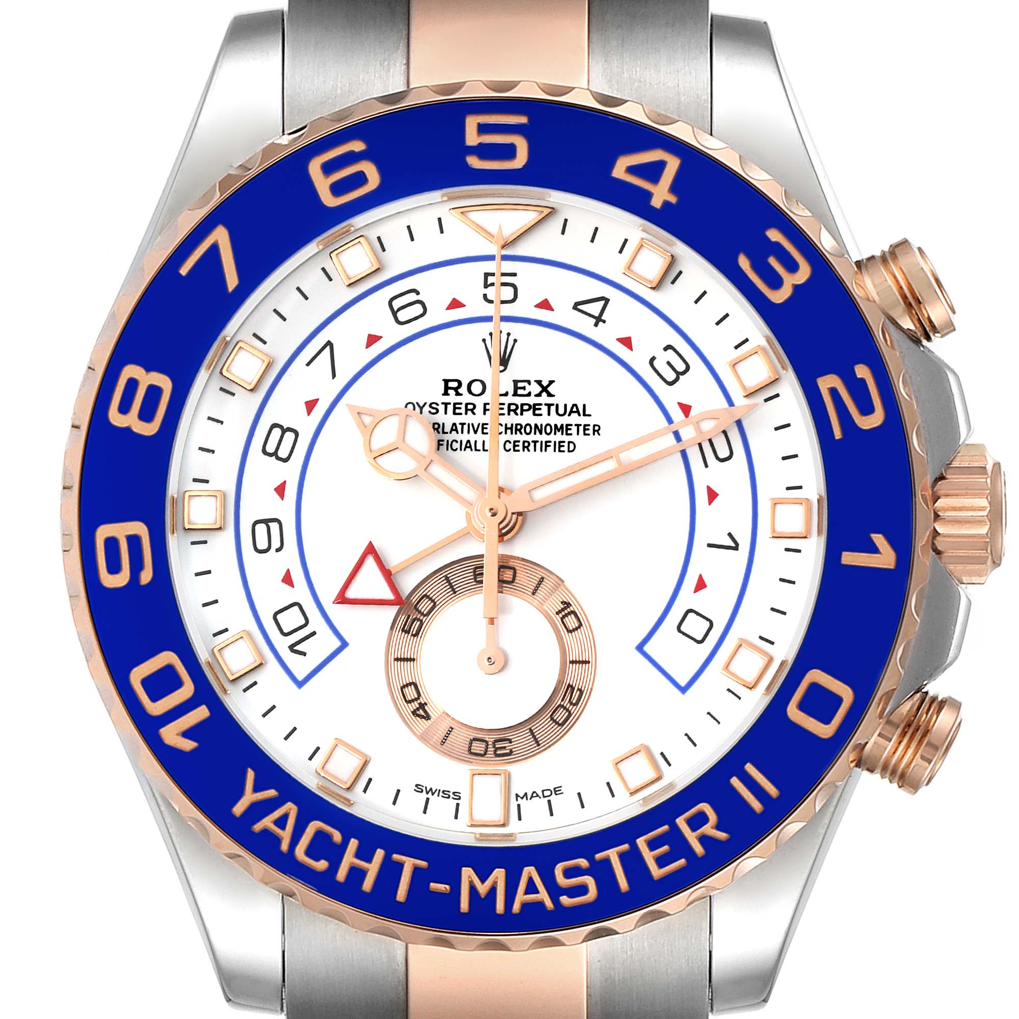 The image shows a Rolex Yacht-Master 116681 Men
s Steel and Gold (two tone) White Dial 116681 Men
s Steel and Gold (two tone) White Dial II watch dial at a straight-on angle, highlighting its blue bezel and gold accents.