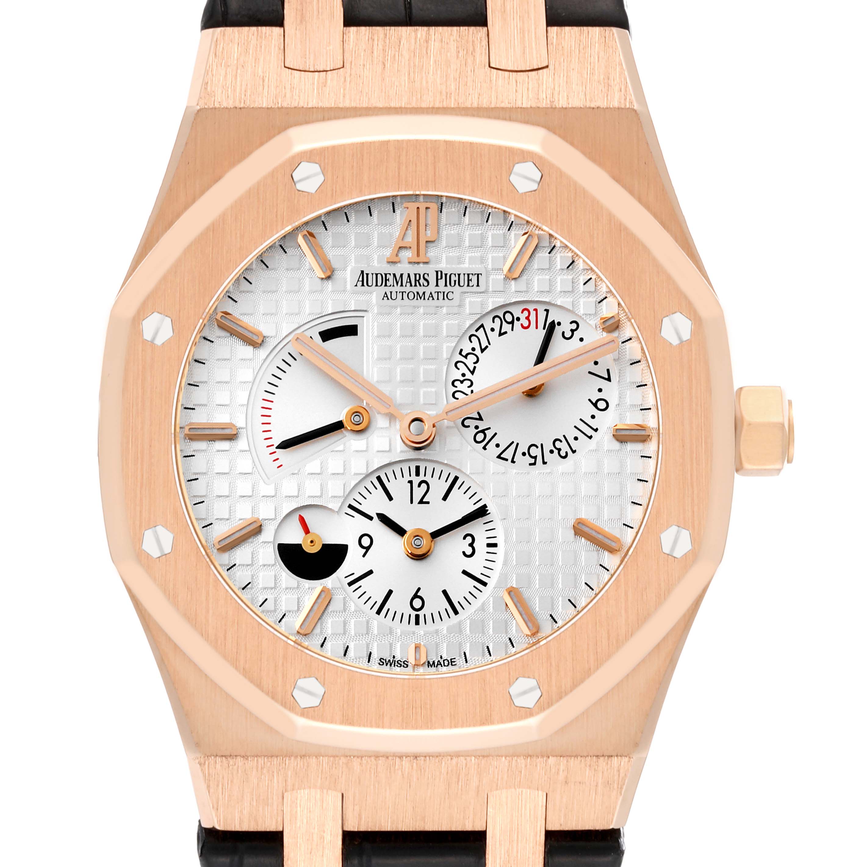 The image shows a front view of an Audemars Piguet Royal Oak 26120OR.OO.D088CR.01 Men's Rose Gold Silver Dial 26120OR.OO.D088CR.01 Men's Rose Gold Silver Dial watch, displaying its face, dials, and bezel.