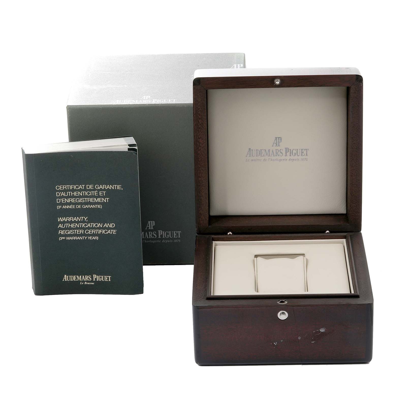 The image shows the warranty booklet, outer box, and inner box for an Audemars Piguet Royal Oak 26120OR.OO.D088CR.01 Men's Rose Gold Silver Dial 26120OR.OO.D088CR.01 Men's Rose Gold Silver Dial watch.