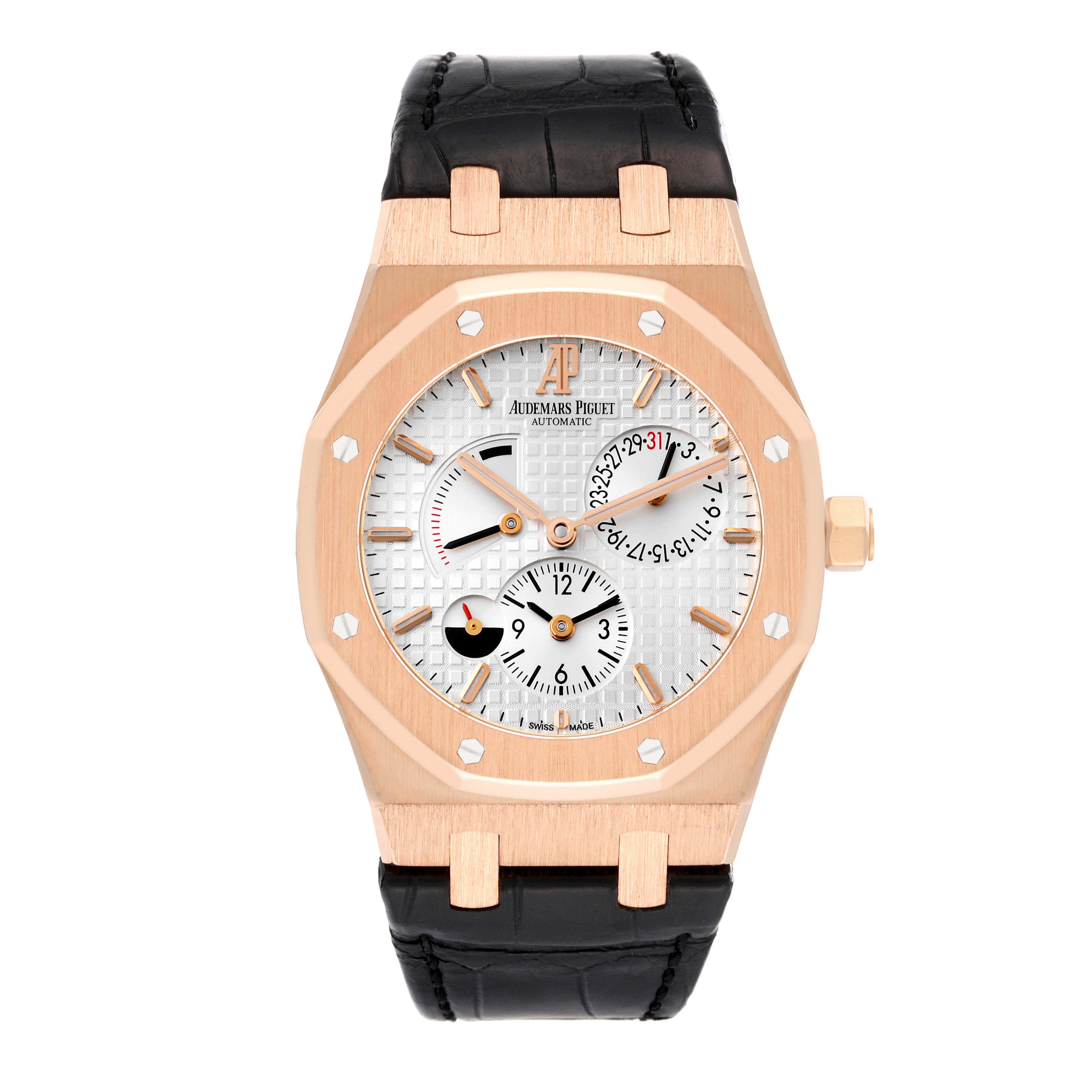 This is a front-facing image of an Audemars Piguet Royal Oak 26120OR.OO.D088CR.01 Men's Rose Gold Silver Dial 26120OR.OO.D088CR.01 Men's Rose Gold Silver Dial watch showing the face, bezel, and part of the leather strap.