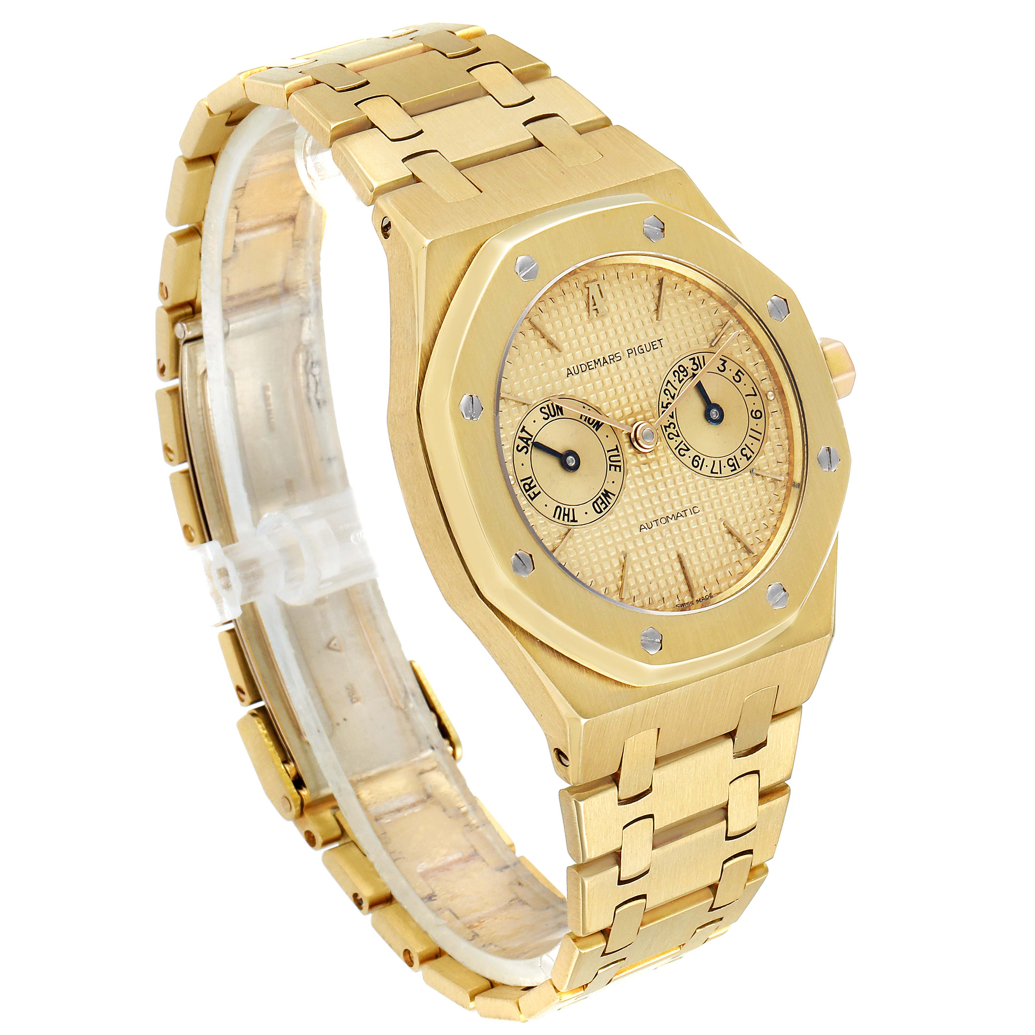 This image shows a side and front angle of the Audemars Piguet Royal Oak 25572BA.0.0477BA.01 Men's Yellow Gold Champagne Dial 25572BA.0.0477BA.01 Men's Yellow Gold Champagne Dial watch, highlighting its face, bracelet, and bezel.