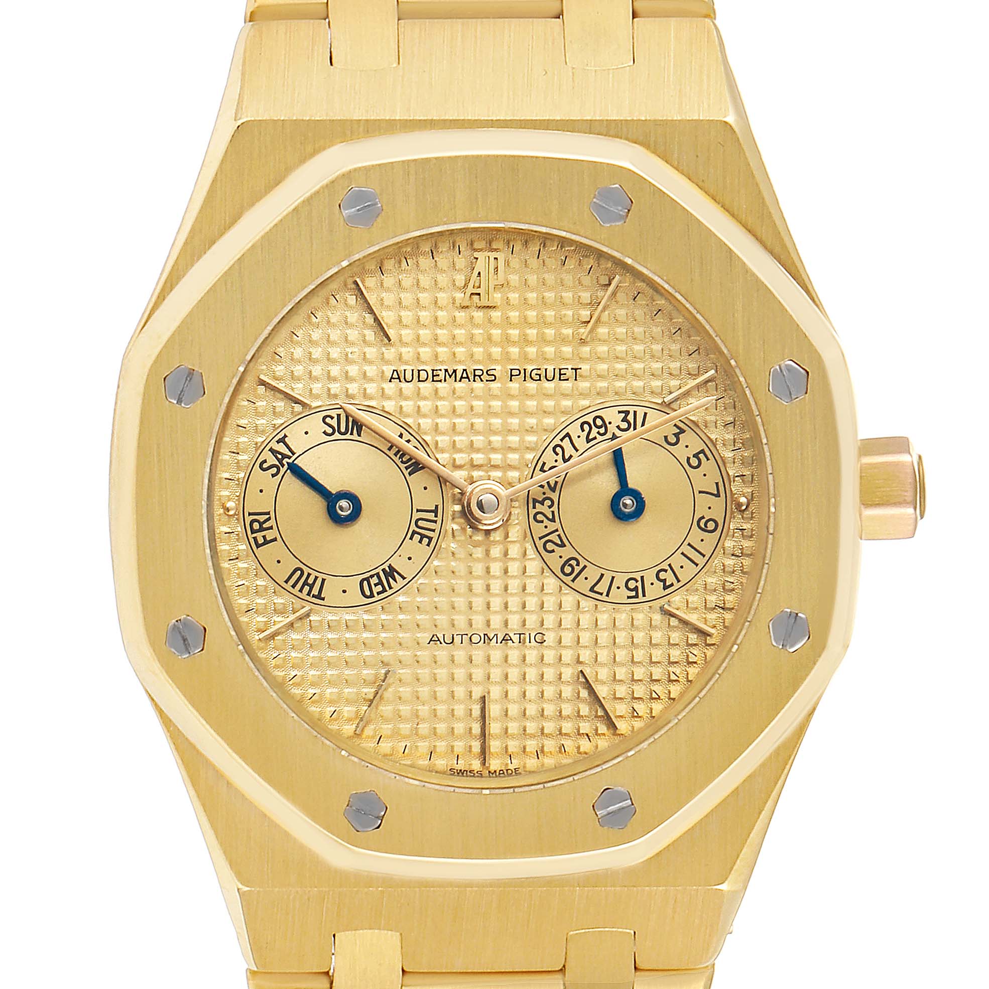 The image shows a front view of an Audemars Piguet Royal Oak 25572BA.0.0477BA.01 Men's Yellow Gold Champagne Dial 25572BA.0.0477BA.01 Men's Yellow Gold Champagne Dial watch, highlighting the gold dial, case, and subdials.