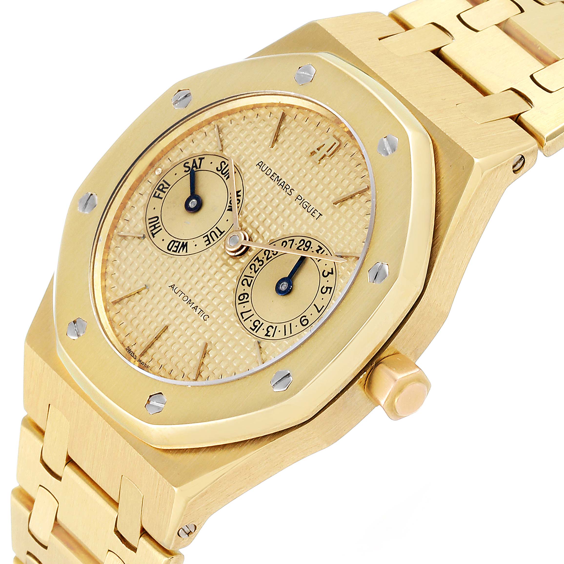 This Audemars Piguet Royal Oak 25572BA.0.0477BA.01 Men's Yellow Gold Champagne Dial 25572BA.0.0477BA.01 Men's Yellow Gold Champagne Dial watch is shown at an oblique angle, highlighting the octagonal bezel, dial, and bracelet.