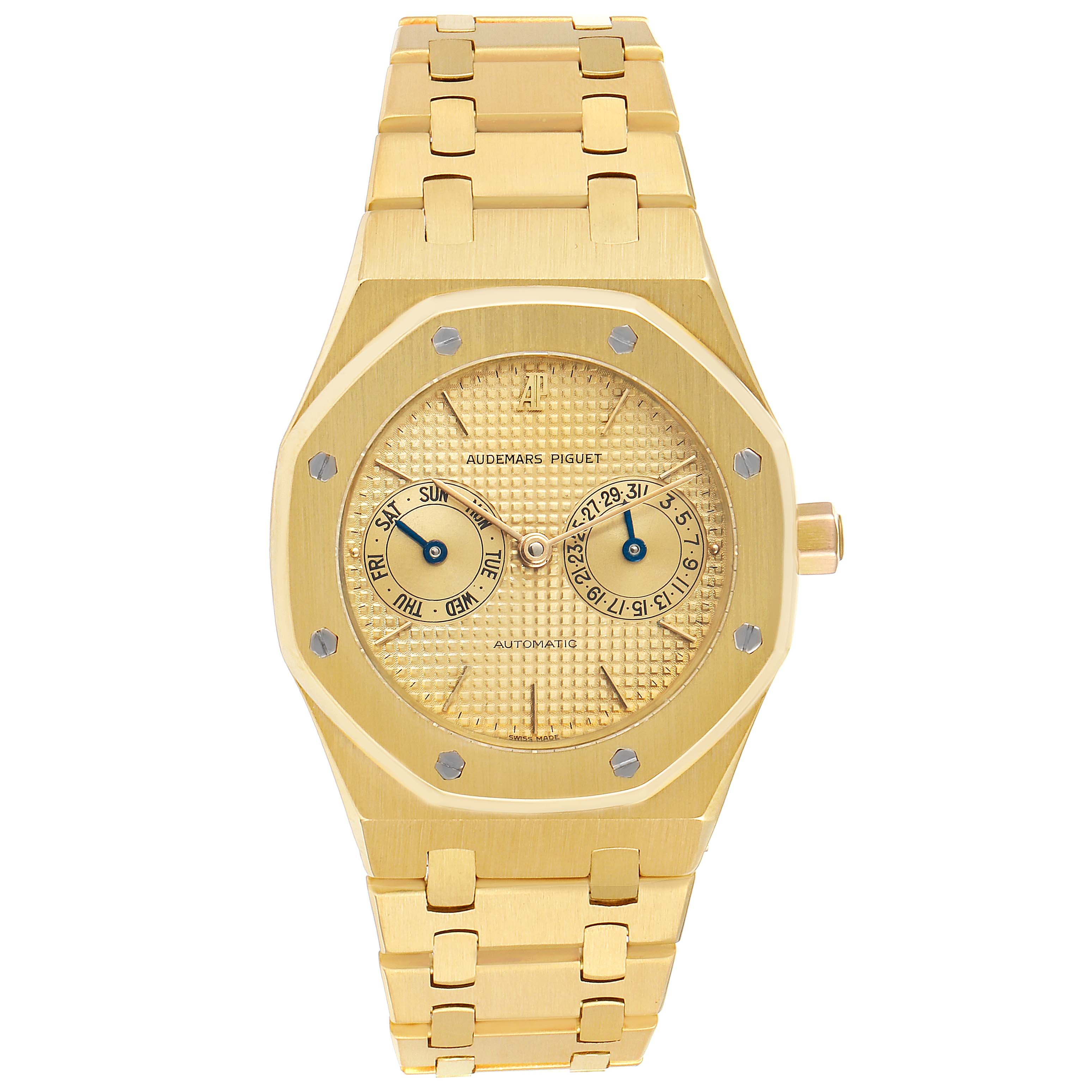 The image shows a frontal view of an Audemars Piguet Royal Oak 25572BA.0.0477BA.01 Men's Yellow Gold Champagne Dial 25572BA.0.0477BA.01 Men's Yellow Gold Champagne Dial watch, displaying the face, dials, bracelet, and crown.