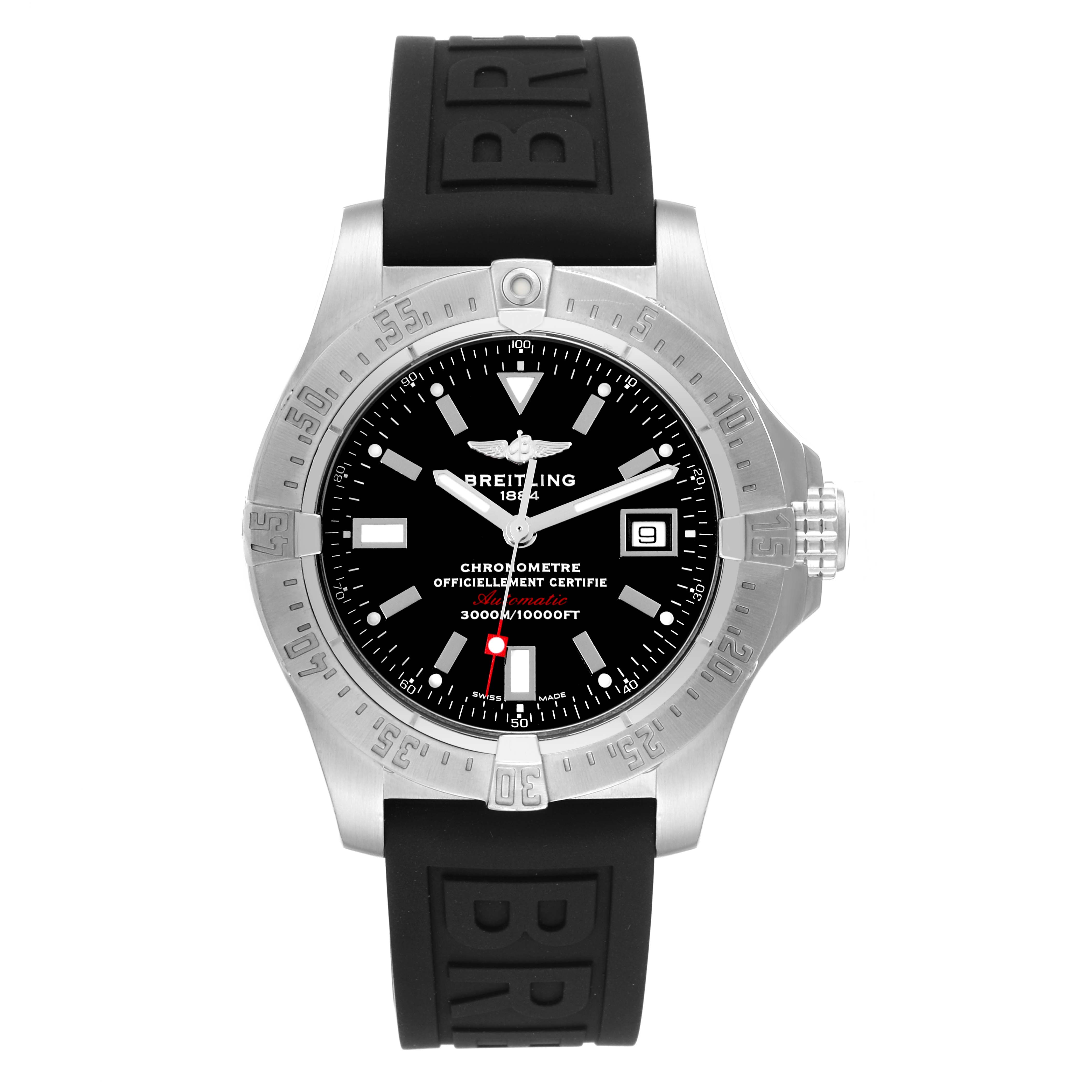 The image shows a front view of the Breitling Avenger A17330 Men's Stainless Steel Black Dial A17330 Men's Stainless Steel Black Dial watch, highlighting its black dial, stainless steel bezel, and black rubber strap.