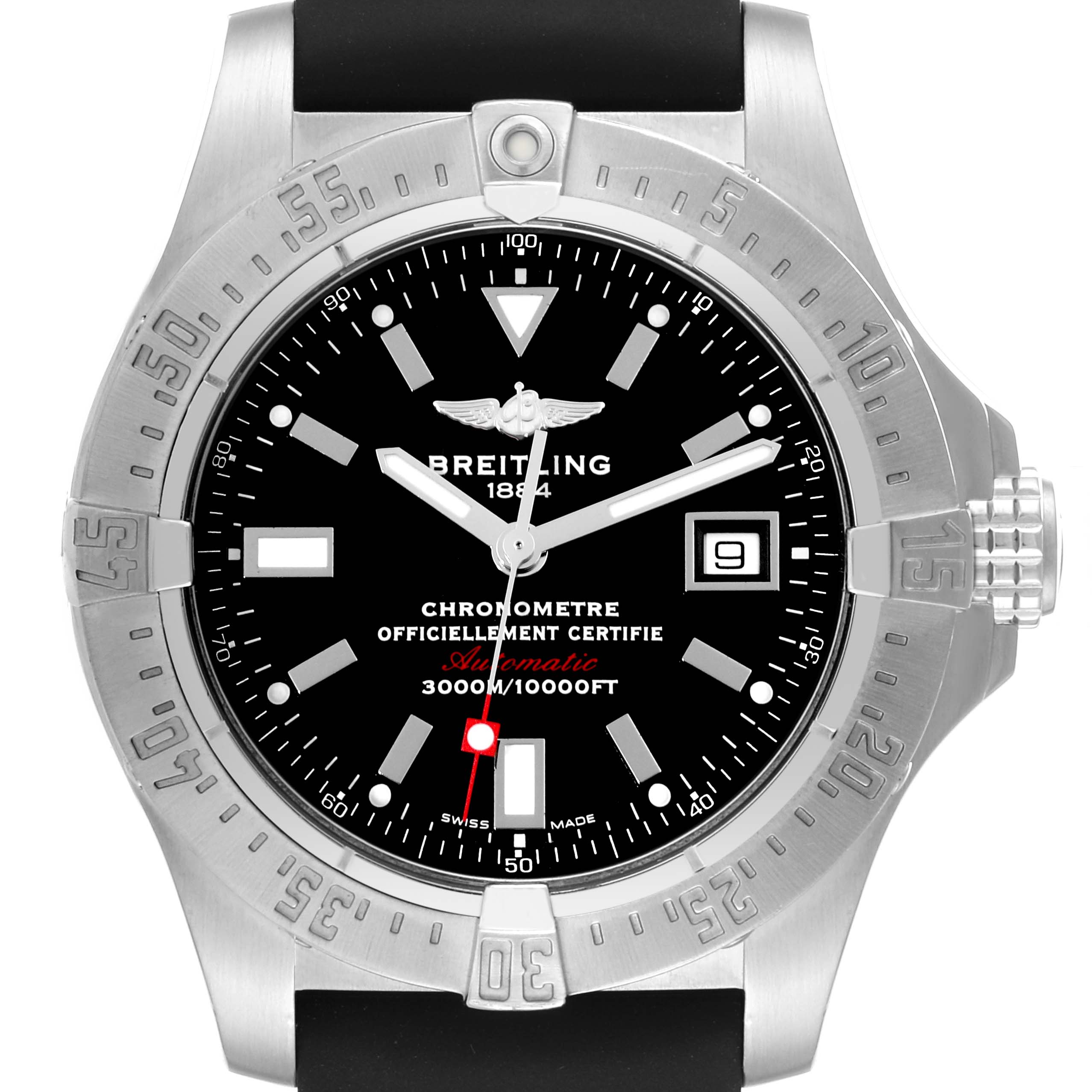 The image shows a front view of a Breitling Avenger A17330 Men's Stainless Steel Black Dial A17330 Men's Stainless Steel Black Dial watch, highlighting the dial, bezel, crown, and part of the strap.