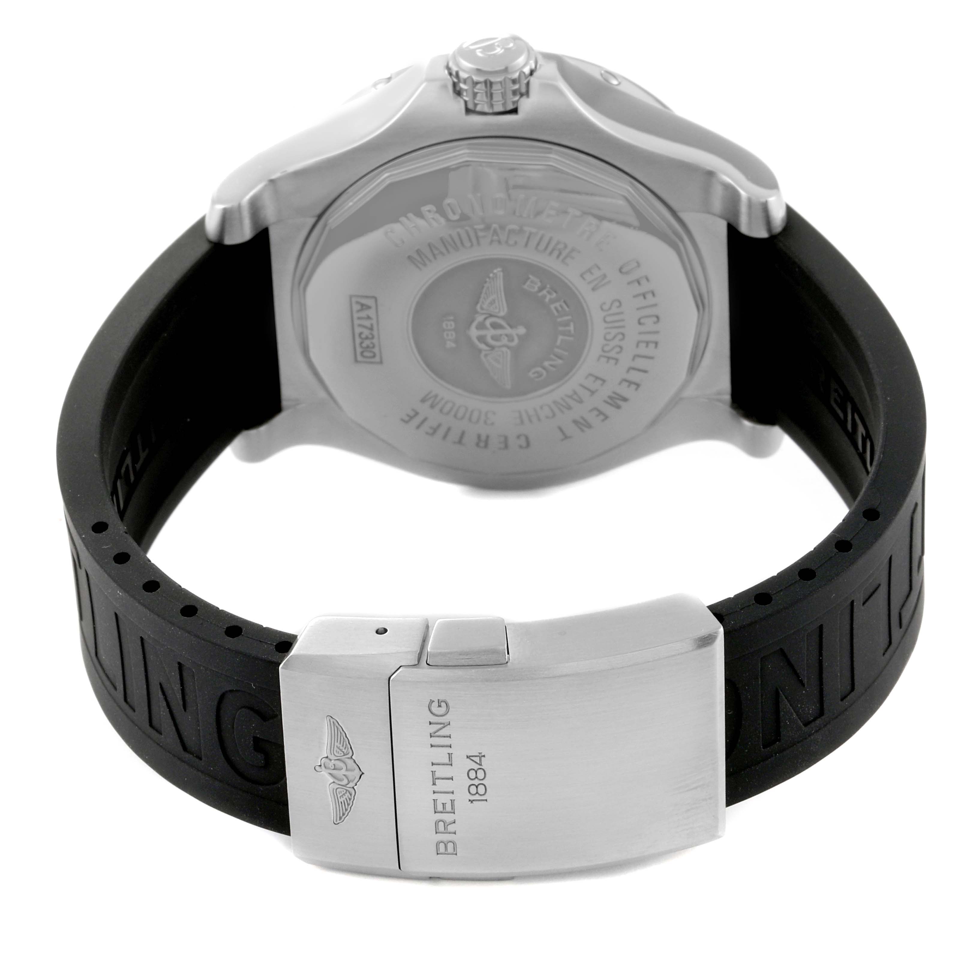 The image shows the back of a Breitling Avenger A17330 Men's Stainless Steel Black Dial A17330 Men's Stainless Steel Black Dial watch, including the case back and branded rubber strap with a stainless steel clasp.