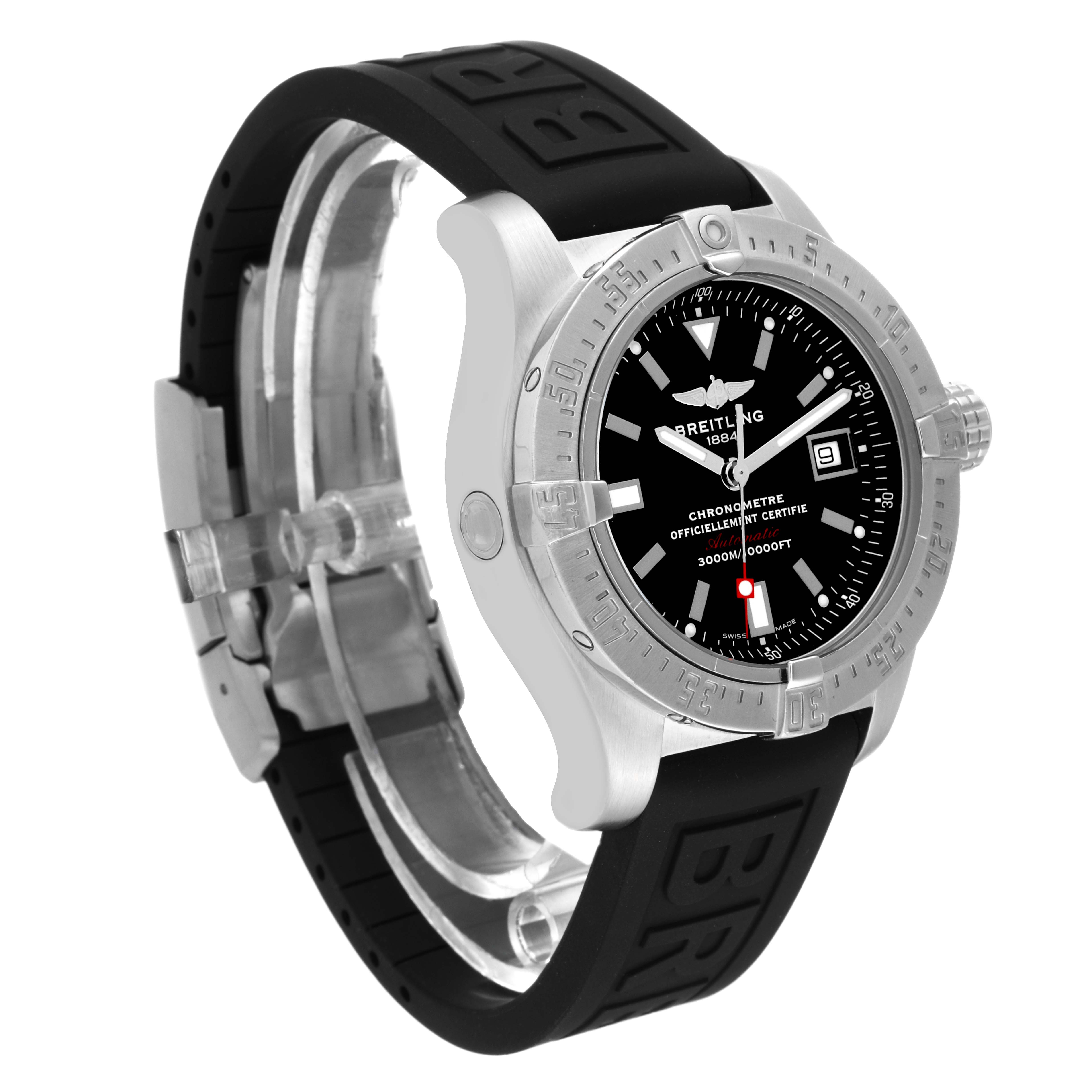 The image shows a side angle of the Breitling Avenger A17330 Men's Stainless Steel Black Dial A17330 Men's Stainless Steel Black Dial watch, highlighting the bezel, dial, and rubber strap.