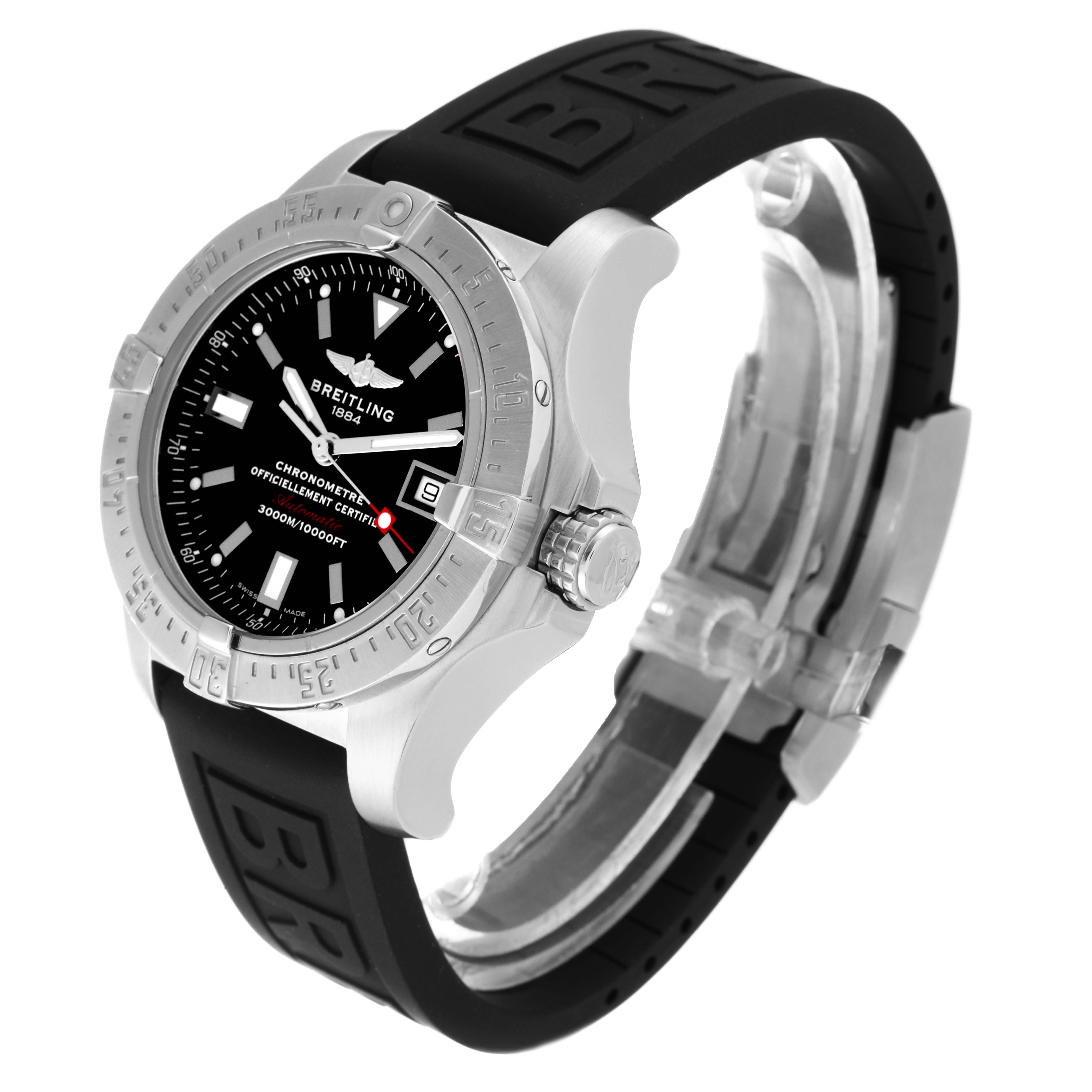 The image shows a side angle of the Breitling Avenger A17330 Men's Stainless Steel Black Dial A17330 Men's Stainless Steel Black Dial watch, highlighting the face, bezel, crown, and part of the rubber strap.