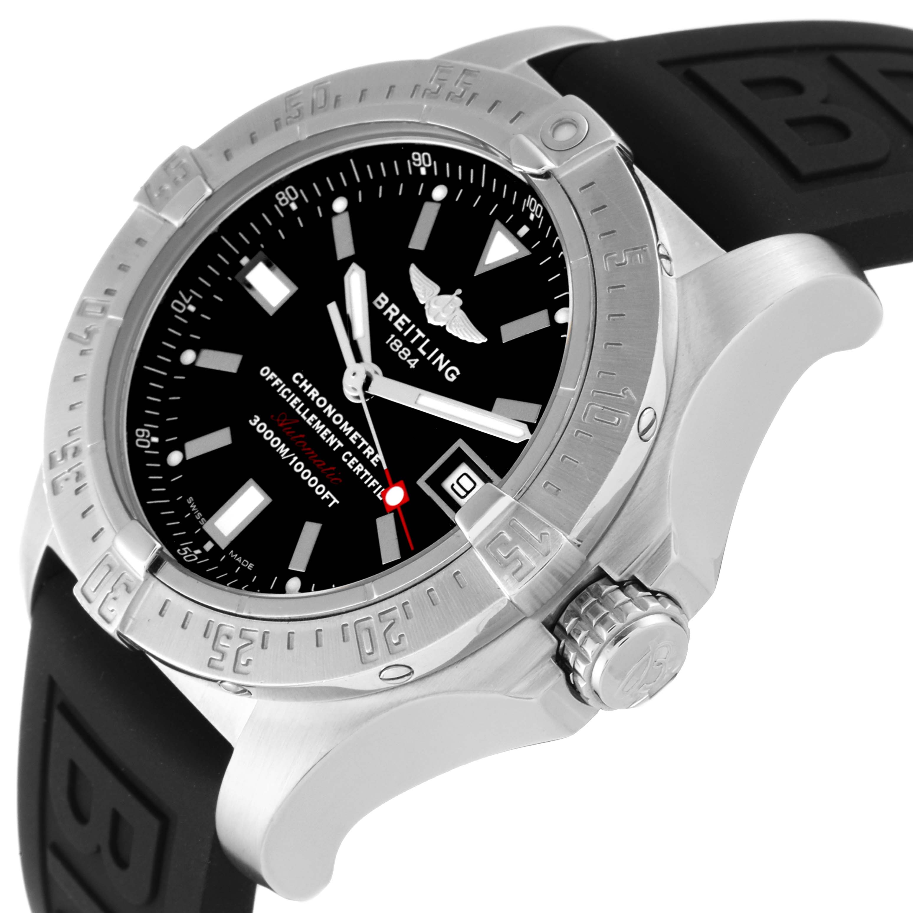 The image shows the front and right side of a Breitling Avenger A17330 Men's Stainless Steel Black Dial A17330 Men's Stainless Steel Black Dial watch, featuring its dial, bezel, and crown.