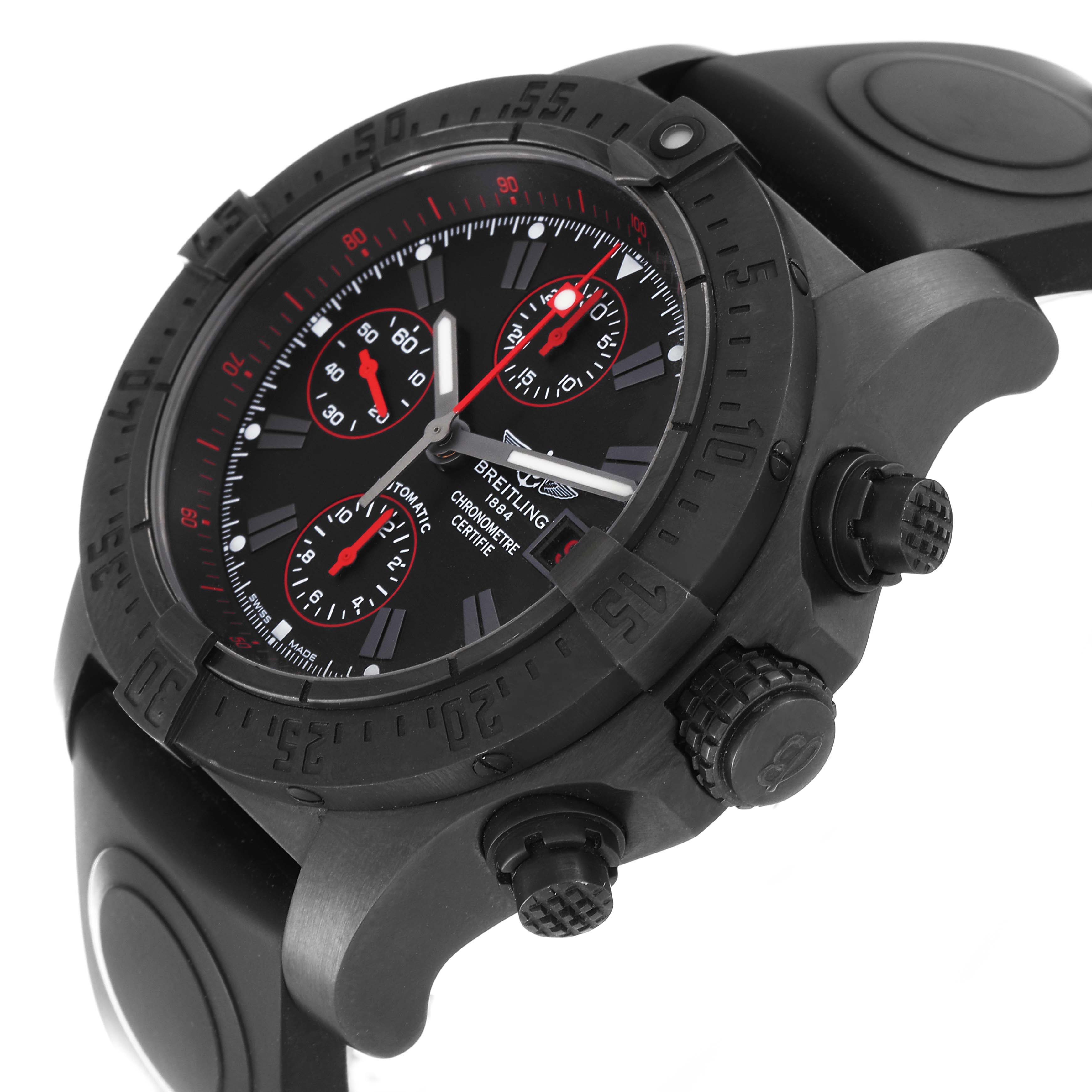 The image shows a close-up angled view of a Breitling Avenger M13380 Men's Stainless Steel Black Dial M13380 Men's Stainless Steel Black Dial watch, highlighting the face, bezel, and pushers.