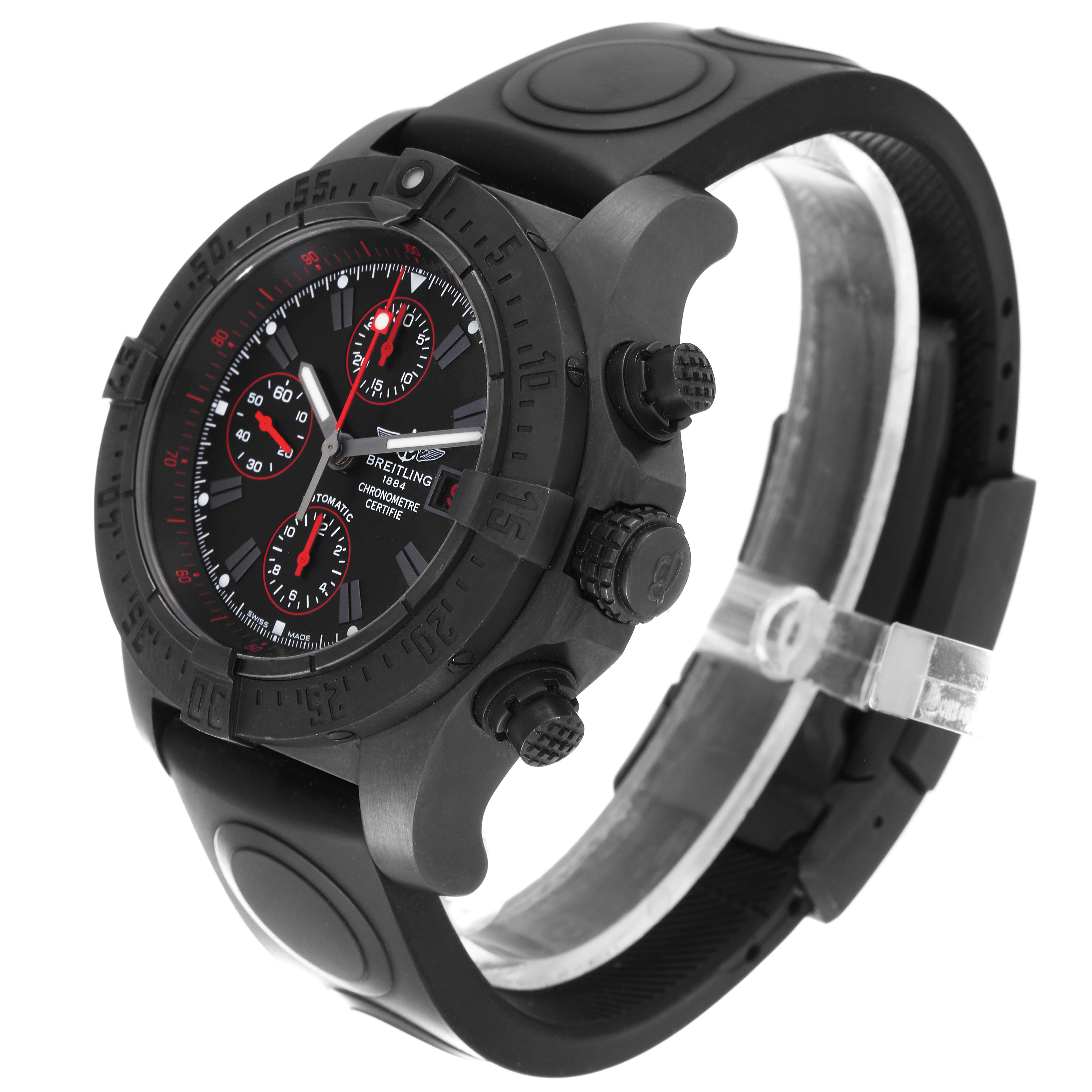 The image shows a side-angle view of the Breitling Avenger M13380 Men's Stainless Steel Black Dial M13380 Men's Stainless Steel Black Dial watch, highlighting its bezel, crown, pushers, and black rubber strap.