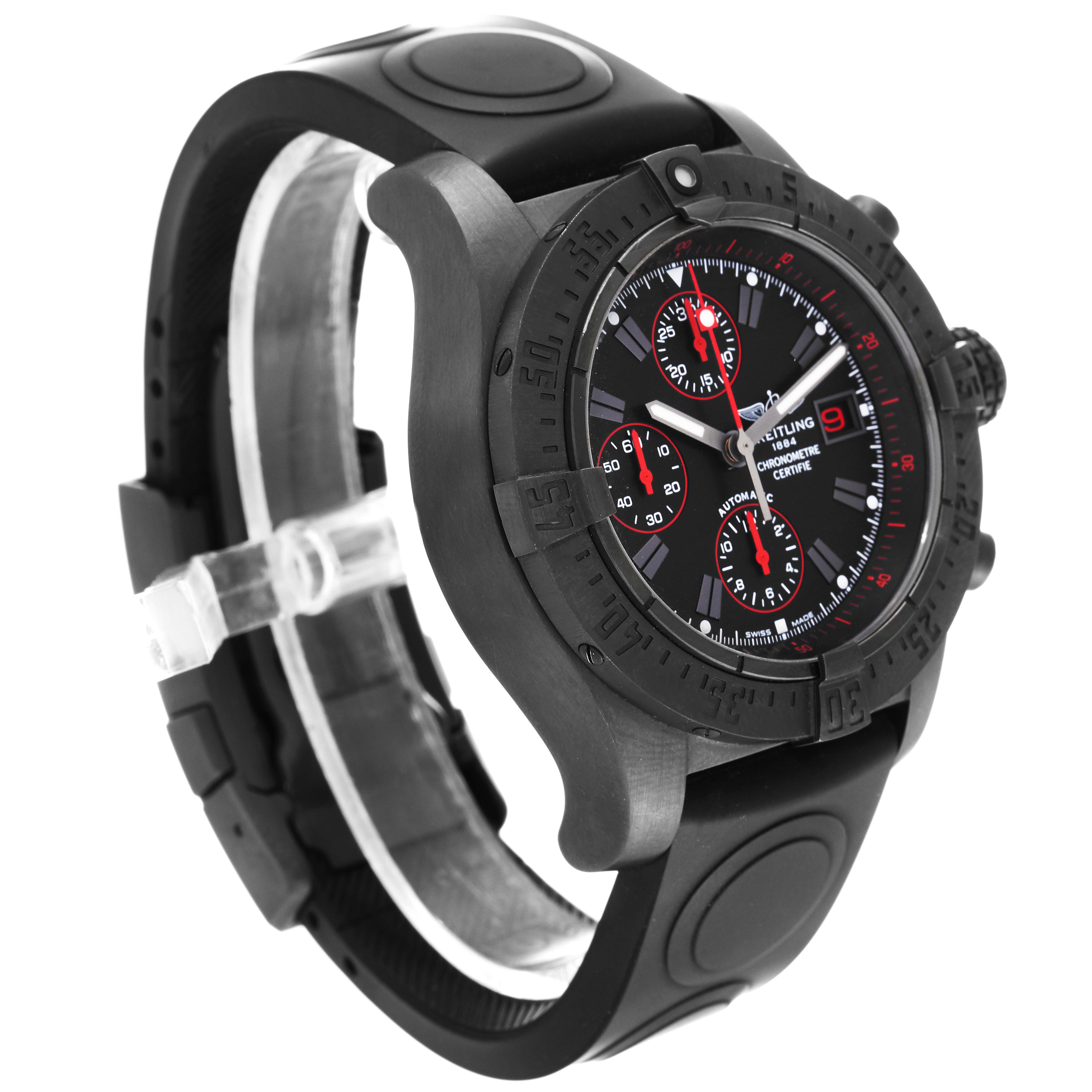 The image shows a Breitling Avenger M13380 Men's Stainless Steel Black Dial M13380 Men's Stainless Steel Black Dial watch at a three-quarter angle, highlighting its bezel, dial, and rubber strap.