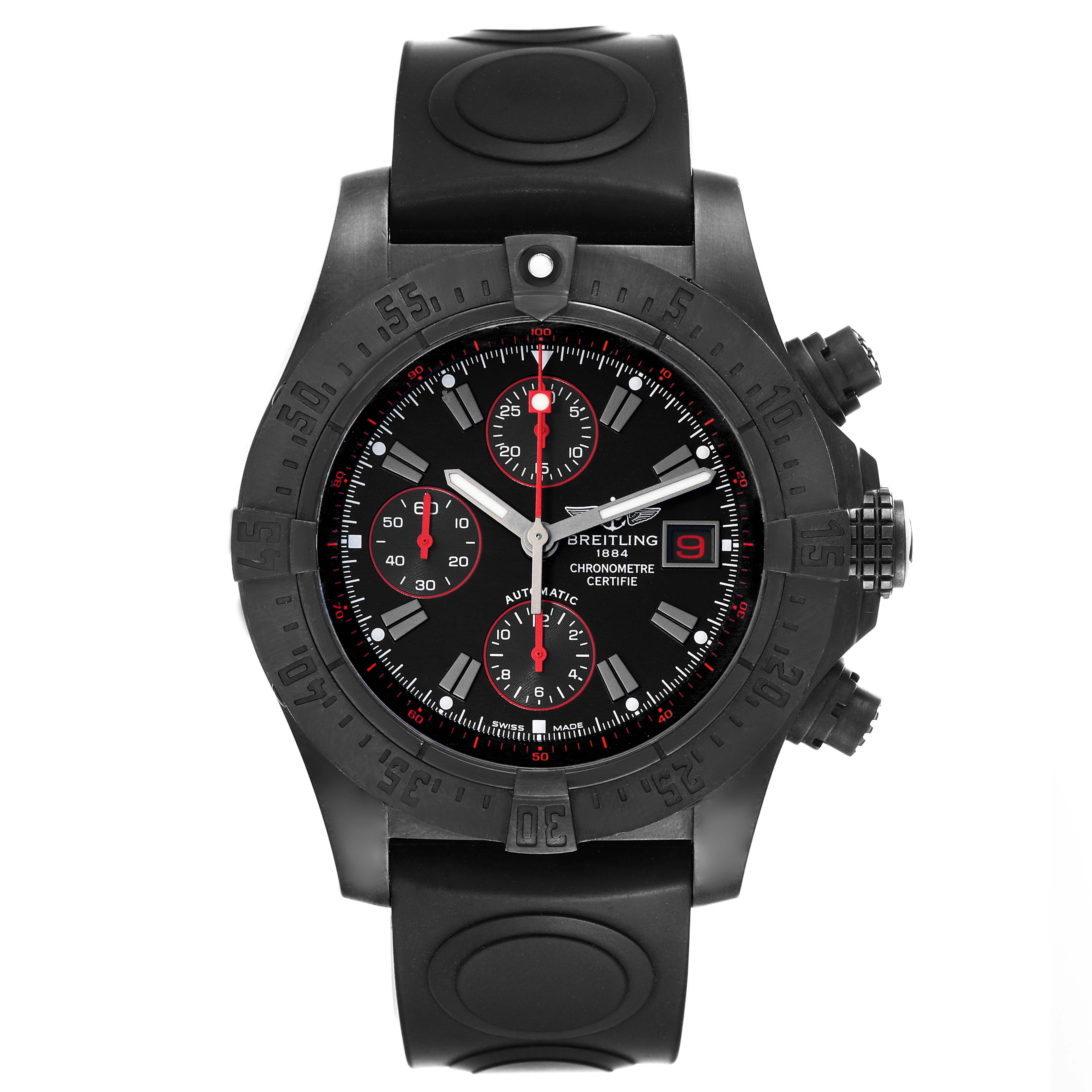 This image shows a front view of the Breitling Avenger M13380 Men's Stainless Steel Black Dial M13380 Men's Stainless Steel Black Dial watch with its black bezel, chronograph dials, and rubber strap.