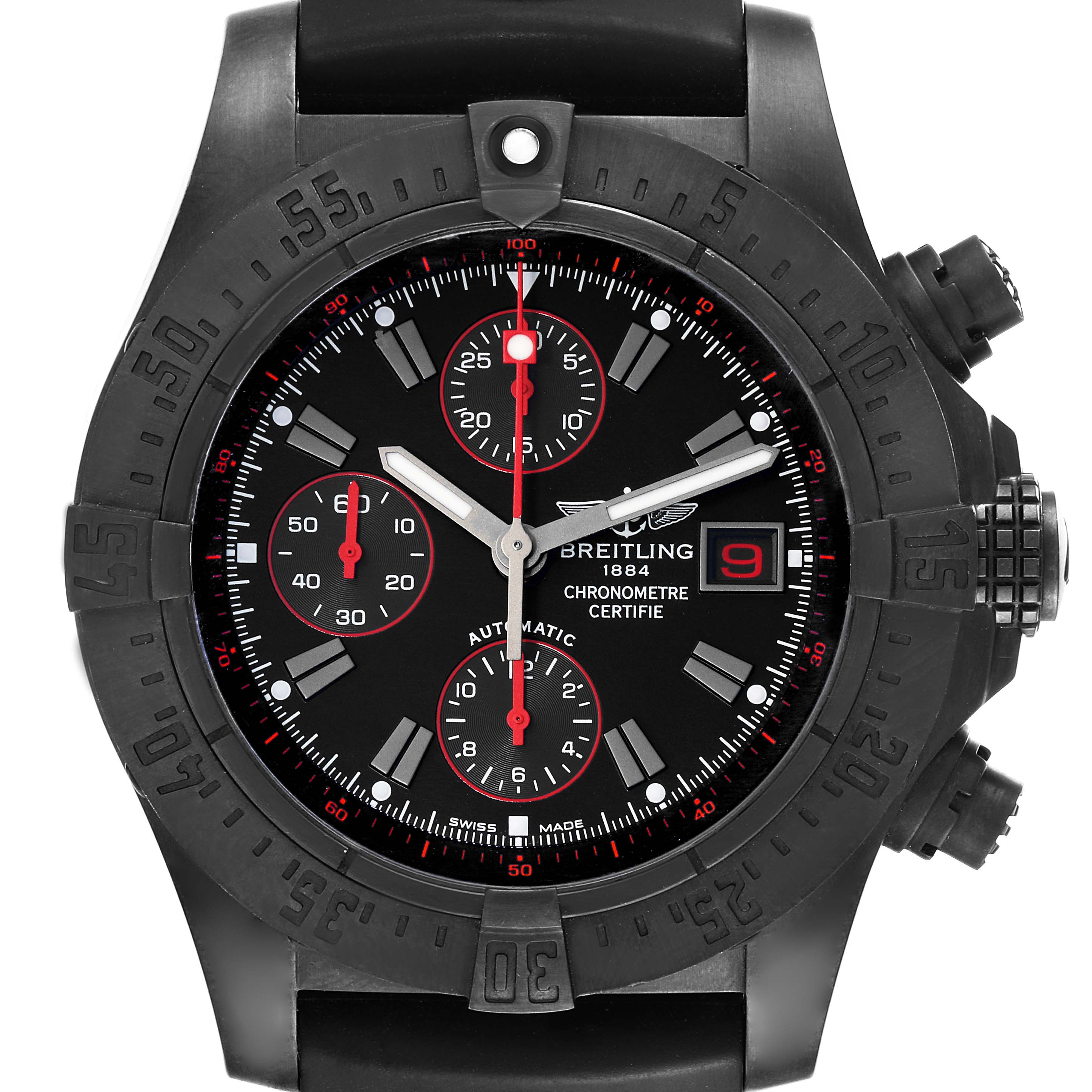 The image shows a front view of the Breitling Avenger M13380 Men's Stainless Steel Black Dial M13380 Men's Stainless Steel Black Dial watch, highlighting its dial, bezel, and side buttons.