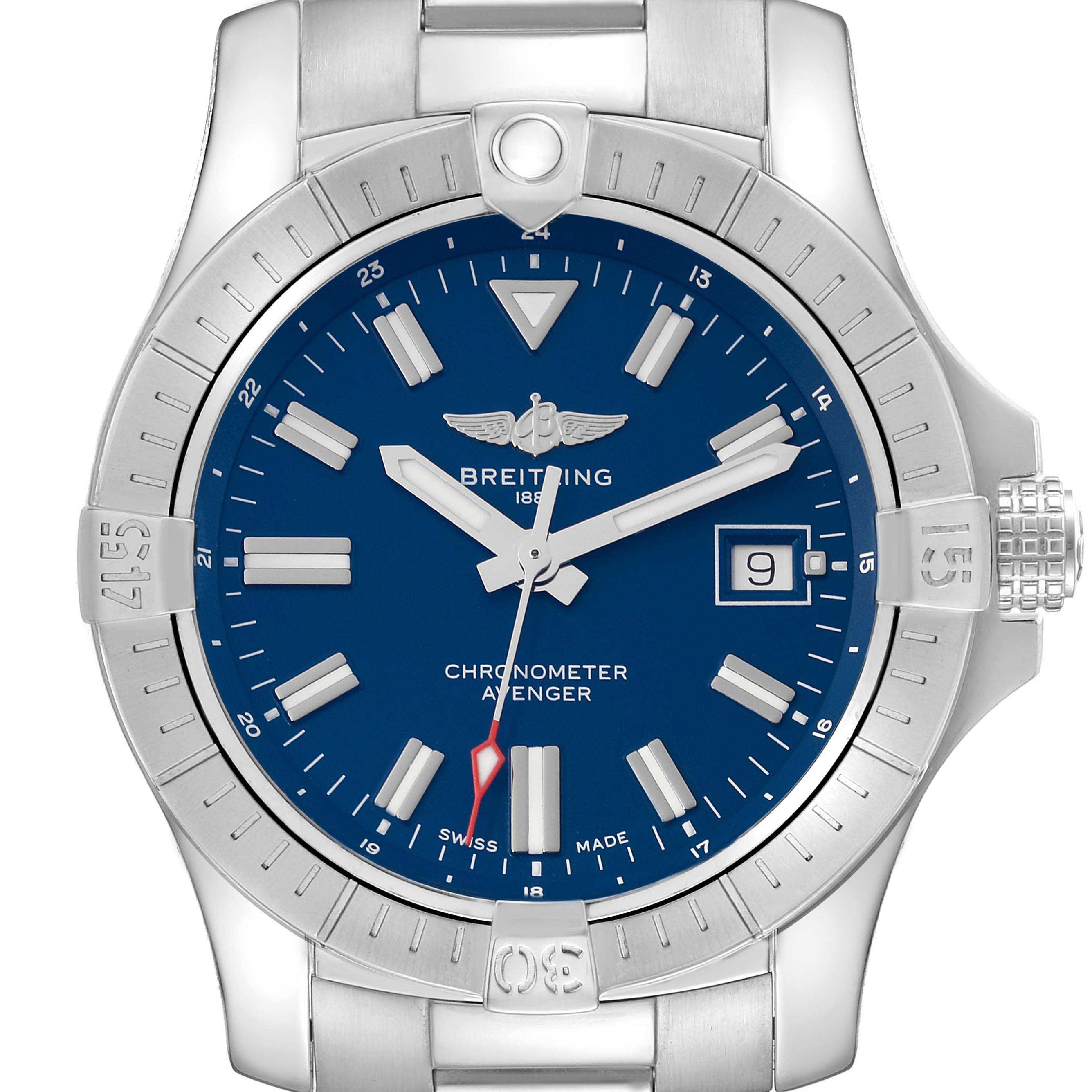 The image shows a front view of the Breitling Avenger A17318 Men's Stainless Steel Blue Dial A17318 Men's Stainless Steel Blue Dial watch, highlighting the face, bezel, and part of the bracelet.