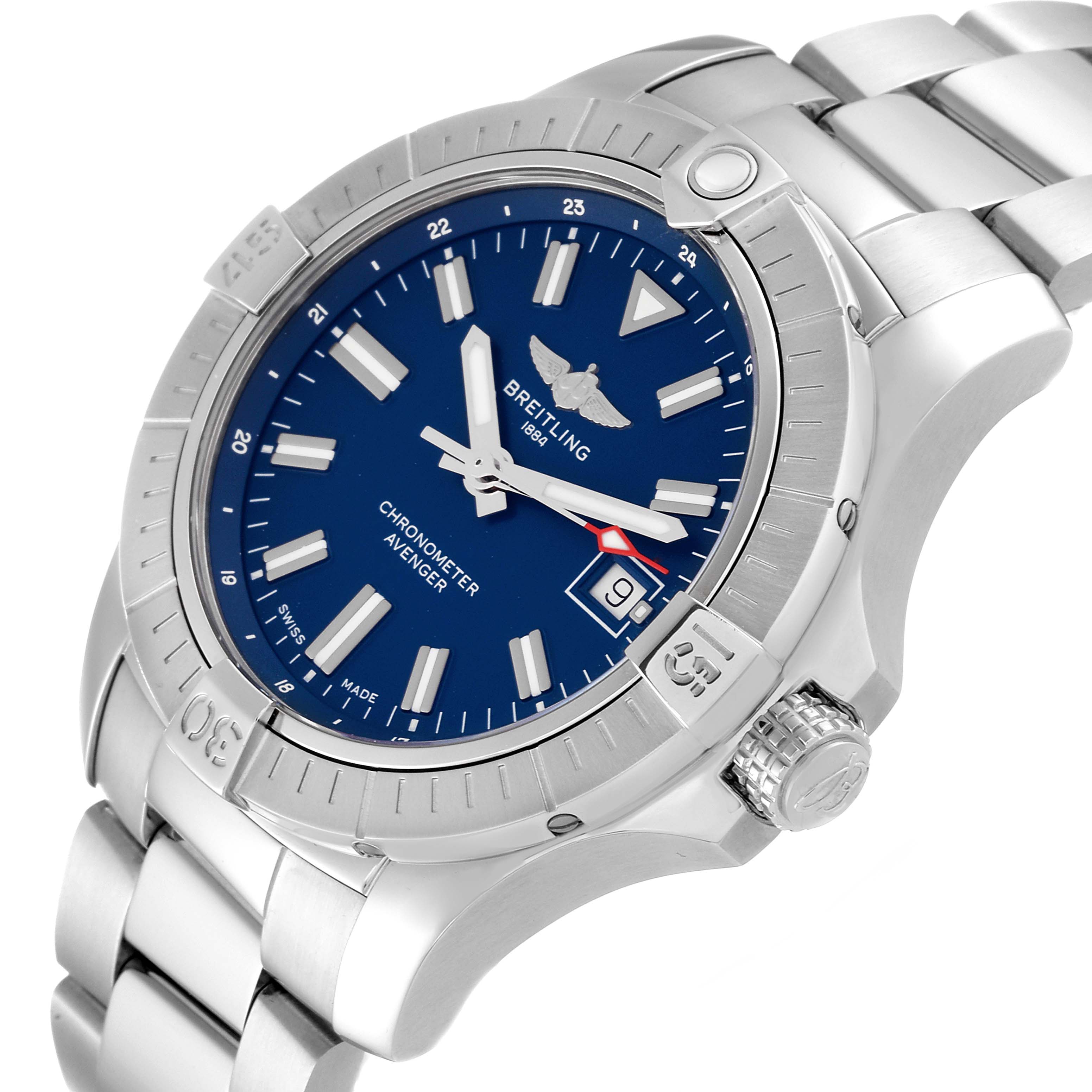 This image shows a Breitling Avenger A17318 Men's Stainless Steel Blue Dial A17318 Men's Stainless Steel Blue Dial watch from an angled view, highlighting its blue dial, bezel, and part of the bracelet.