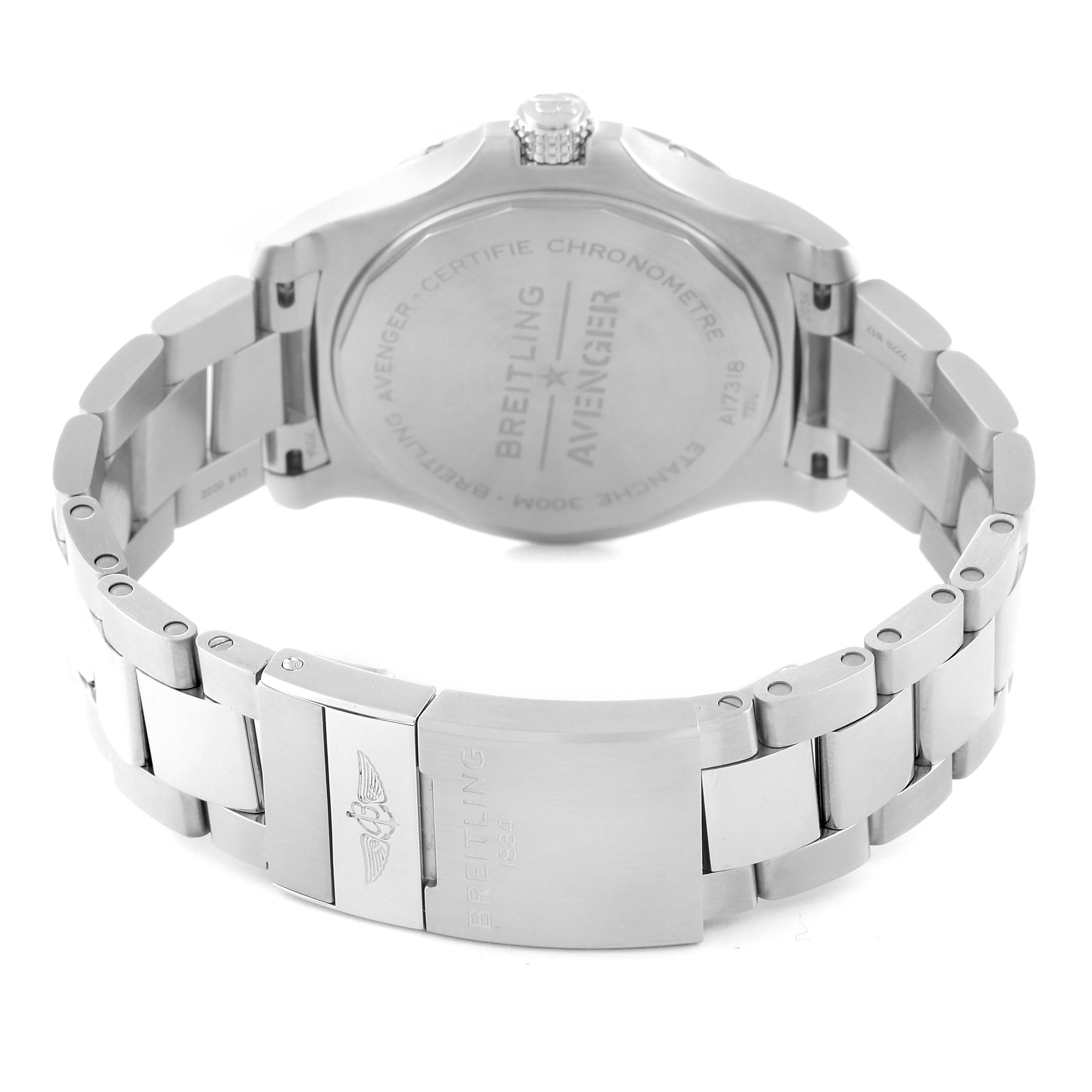 The image shows the back view of the Breitling Avenger A17318 Men's Stainless Steel Blue Dial A17318 Men's Stainless Steel Blue Dial watch, highlighting its case back and metal bracelet clasp.