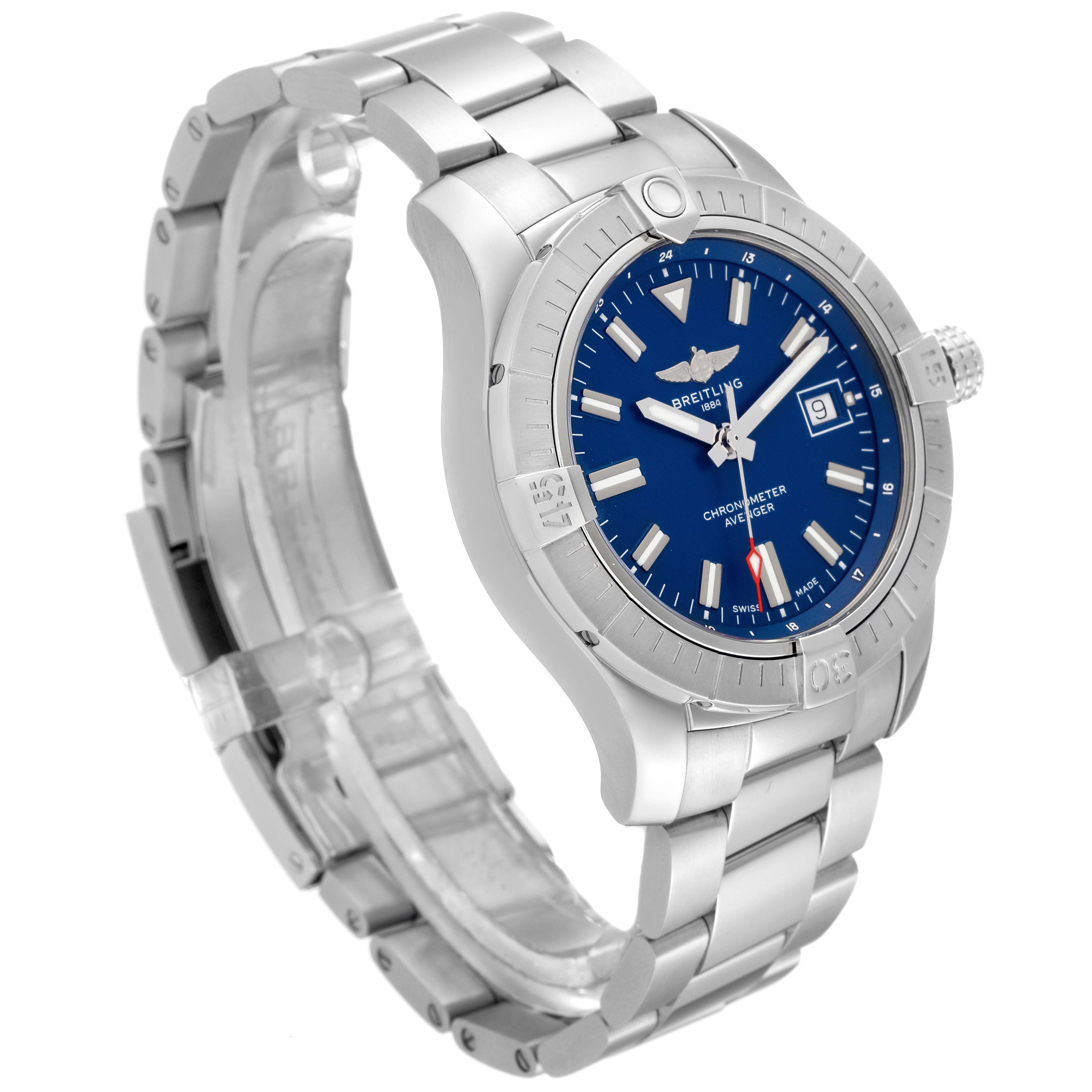 This image shows a Breitling Avenger A17318 Men's Stainless Steel Blue Dial A17318 Men's Stainless Steel Blue Dial watch at a three-quarter angle, highlighting its blue dial and stainless steel bracelet.