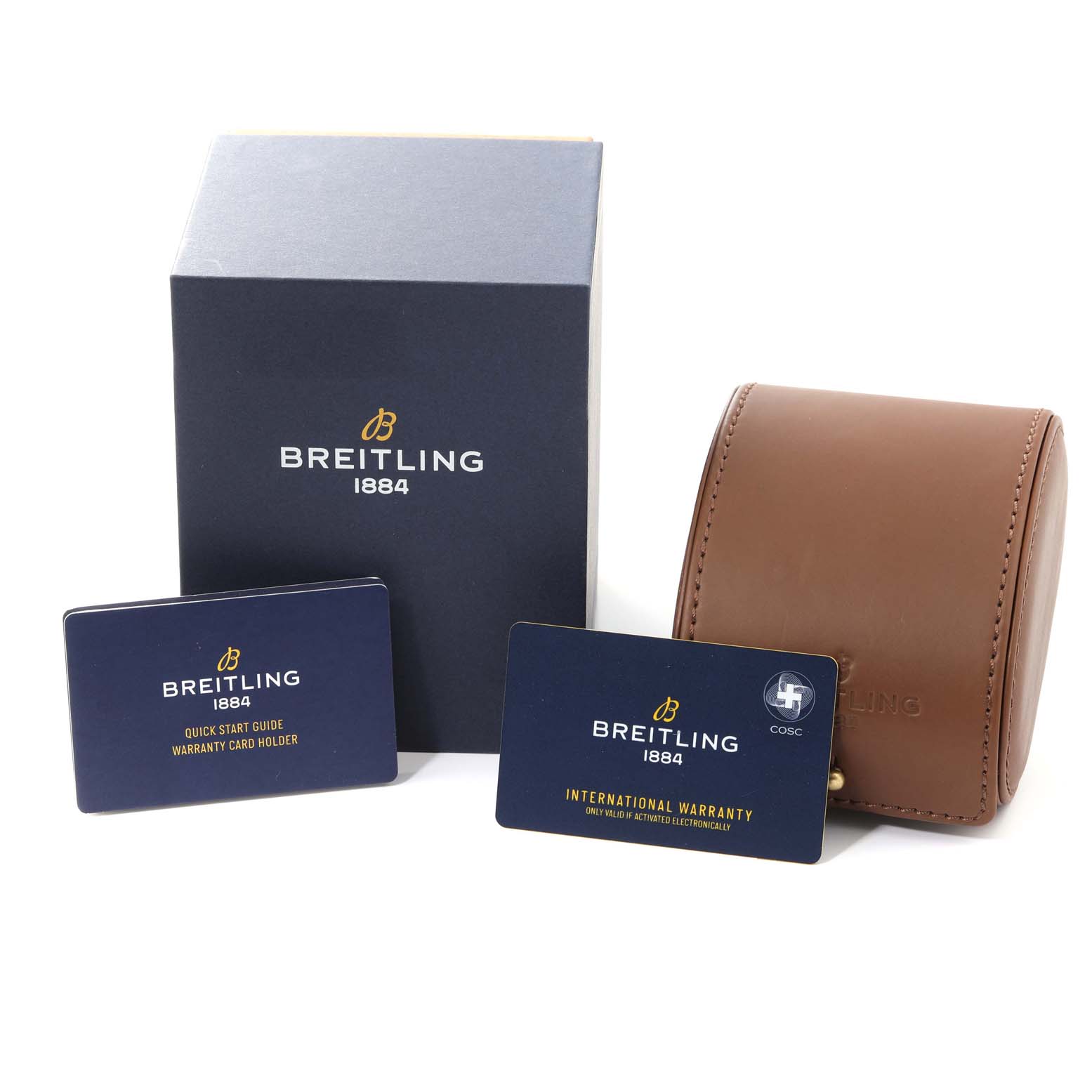 The image shows the packaging, warranty cards, and carrying case for a Breitling Avenger A17318 Men's Stainless Steel Blue Dial A17318 Men's Stainless Steel Blue Dial watch.