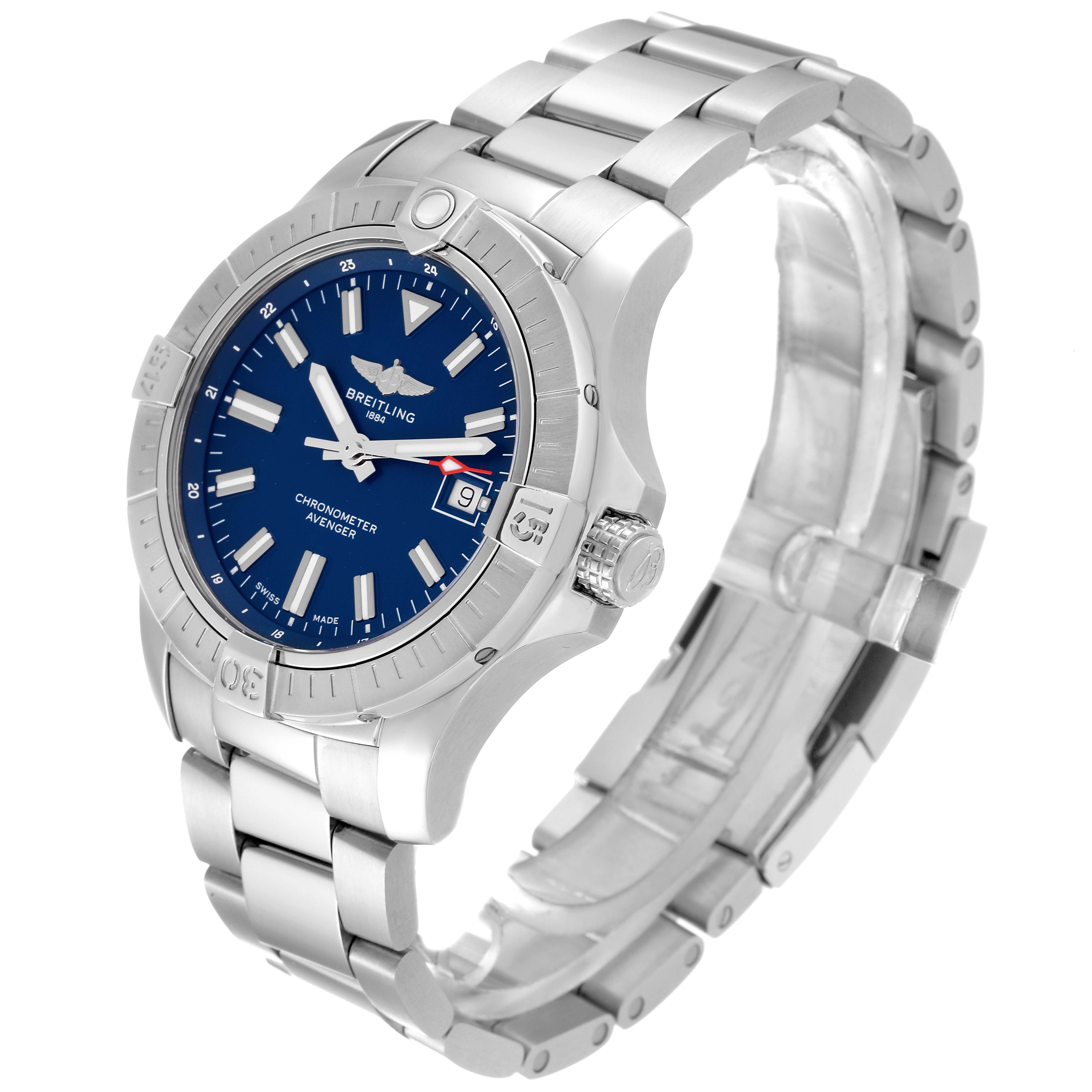 The Breitling Avenger A17318 Men's Stainless Steel Blue Dial A17318 Men's Stainless Steel Blue Dial watch is shown at an angled side view, displaying the face, bezel, crown, and bracelet.