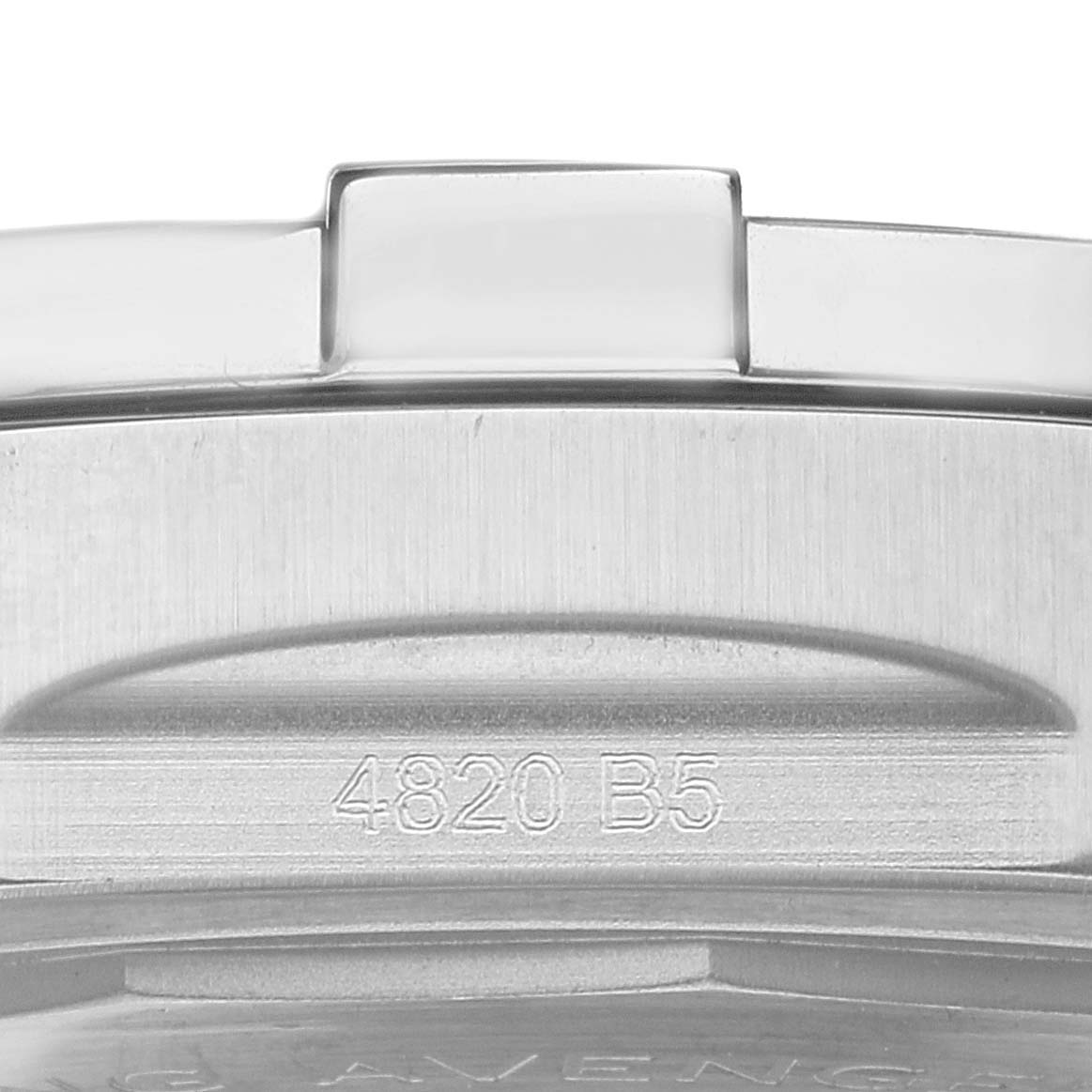 This image shows the back case of a Breitling Avenger A17318 Men's Stainless Steel Blue Dial A17318 Men's Stainless Steel Blue Dial watch with the model number 4820 B5 visible.