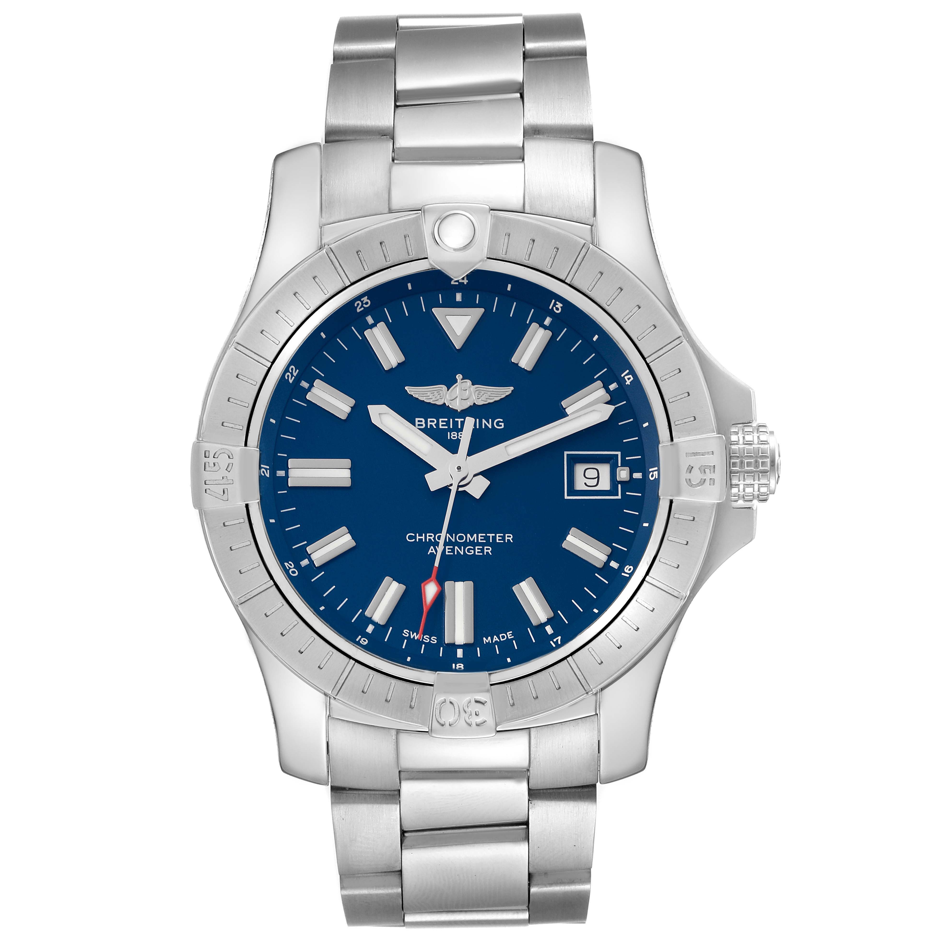 The image shows a front view of a Breitling Avenger A17318 Men's Stainless Steel Blue Dial A17318 Men's Stainless Steel Blue Dial watch featuring a blue dial and stainless steel bracelet.