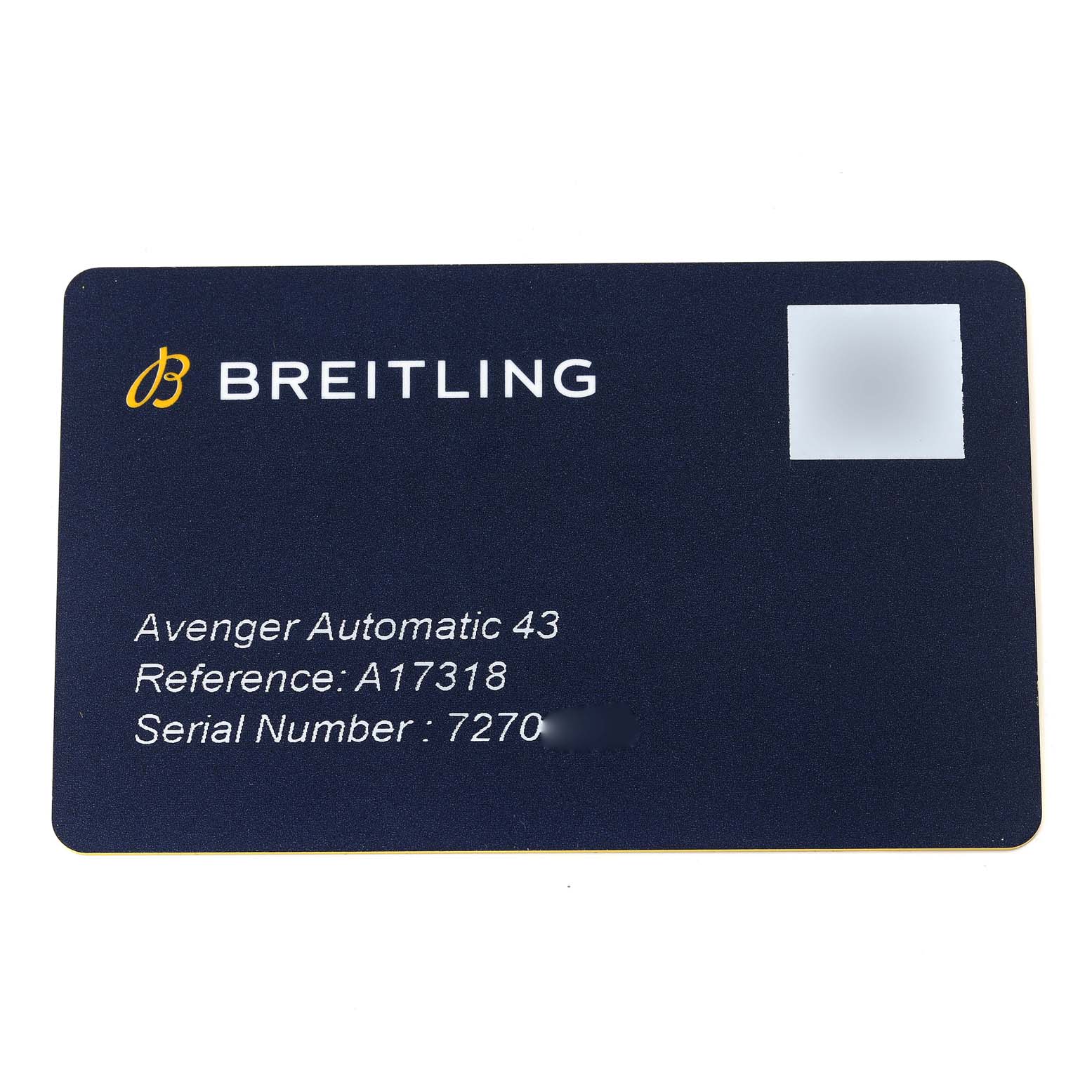 This image shows an identification card for the Breitling Avenger A17318 Men's Stainless Steel Blue Dial A17318 Men's Stainless Steel Blue Dial Automatic 43 with reference number A17318.