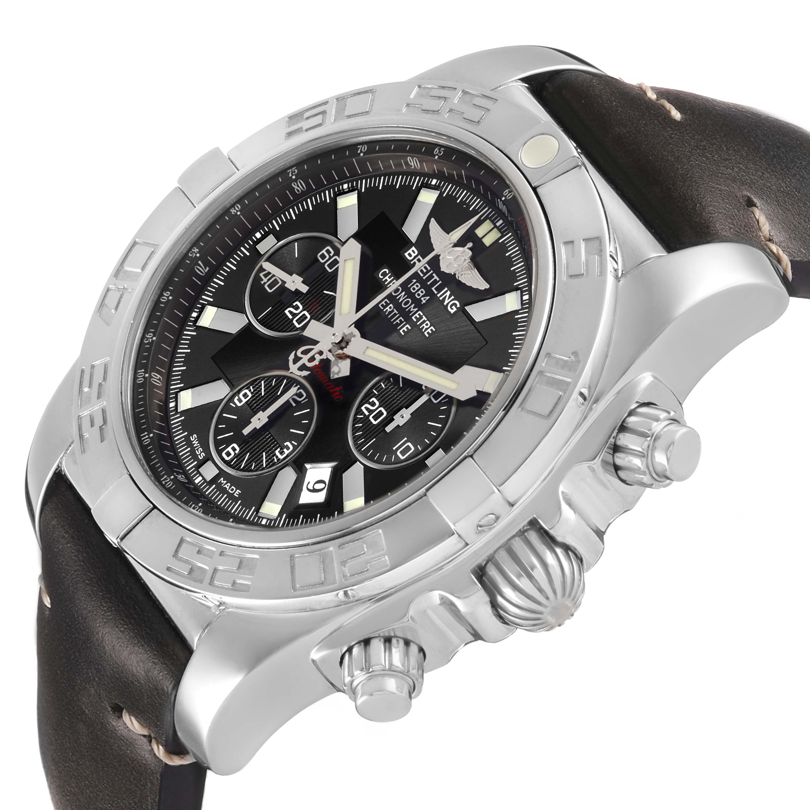 The Breitling Chronomat AB0110 Men's Stainless Steel Black Dial watch is shown from a slightly angled side view, highlighting the case, dial, crown, and pushers.