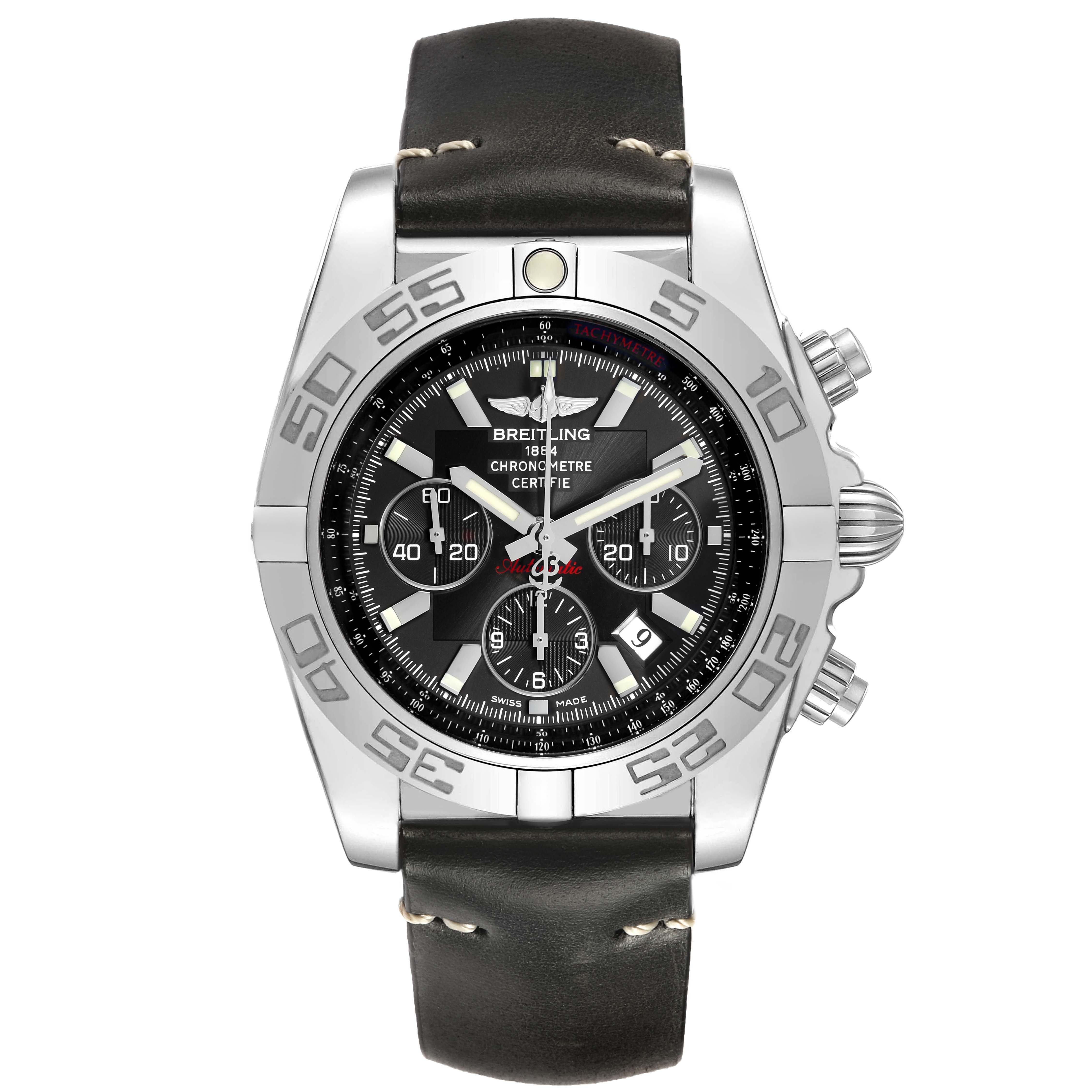 The Breitling Chronomat AB0110 Men's Stainless Steel Black Dial watch is shown from a front angle, displaying the dial, bezel, crown, and leather strap.