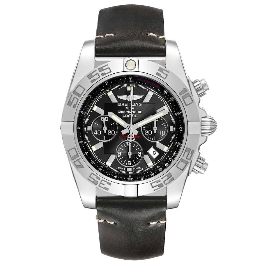 The Breitling Chronomat AB0110 Men's Stainless Steel Black Dial watch is shown from a front angle, displaying the dial, bezel, crown, and leather strap.